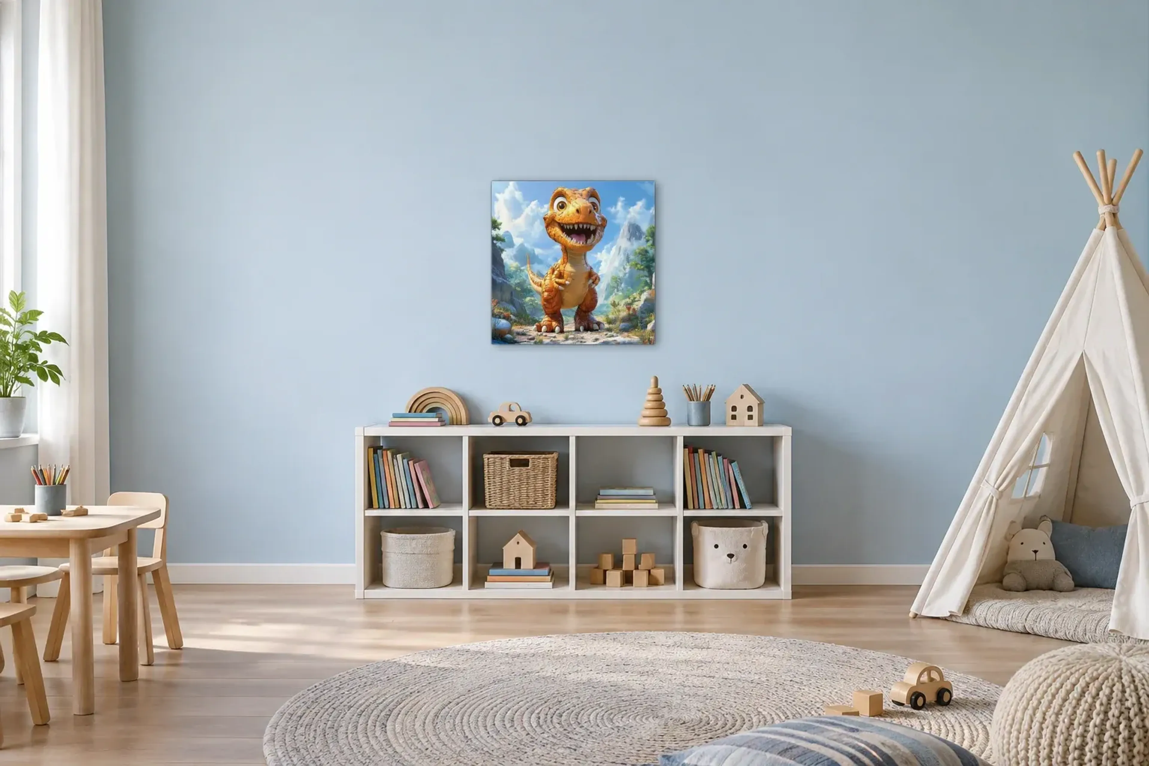 Dino im weiten Bergtal als Wandbild über einem 120-cm-Spielregal