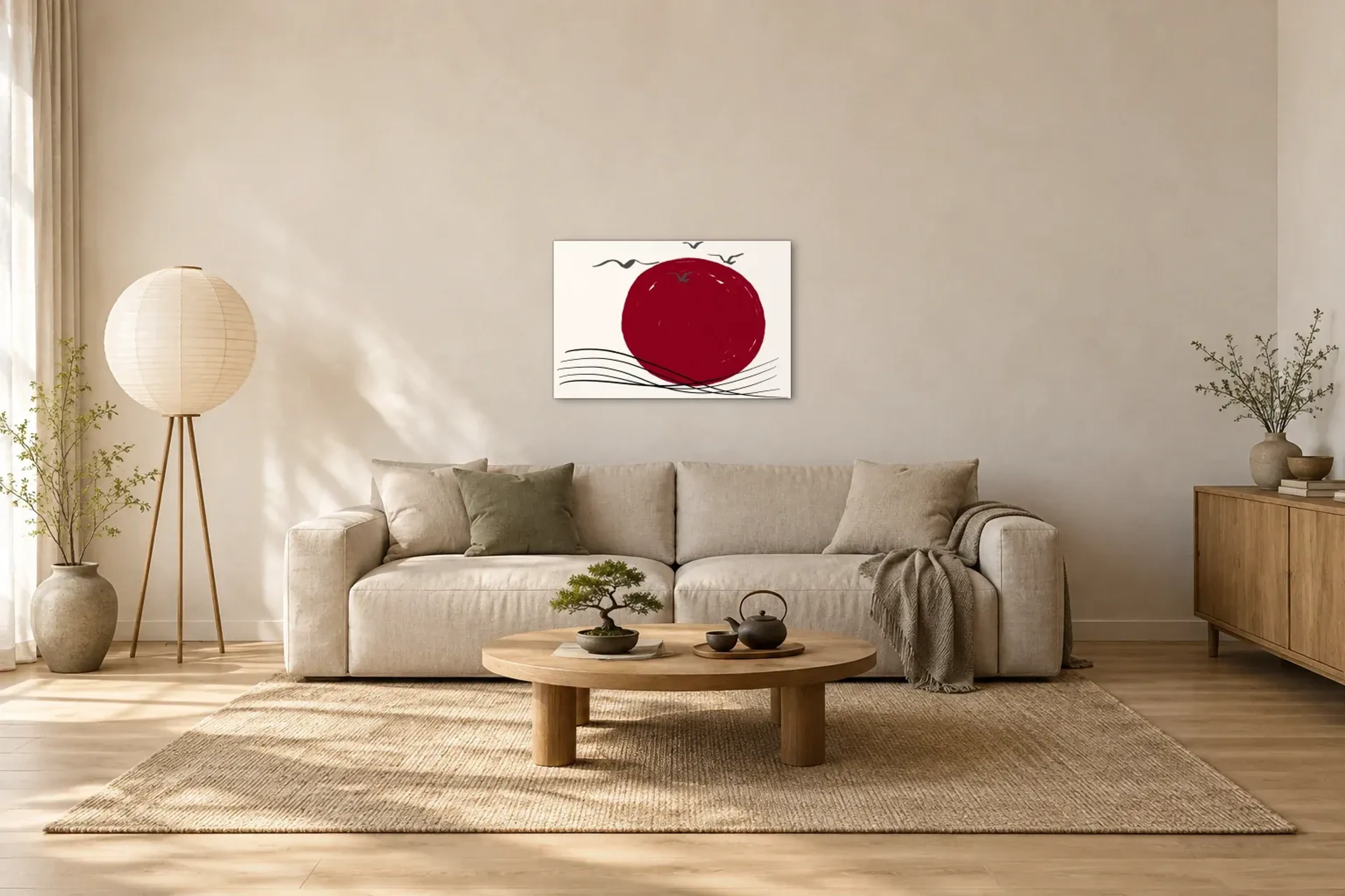 Rote Sonne über Wellen als Wandbild über einem 220-cm-Sofa