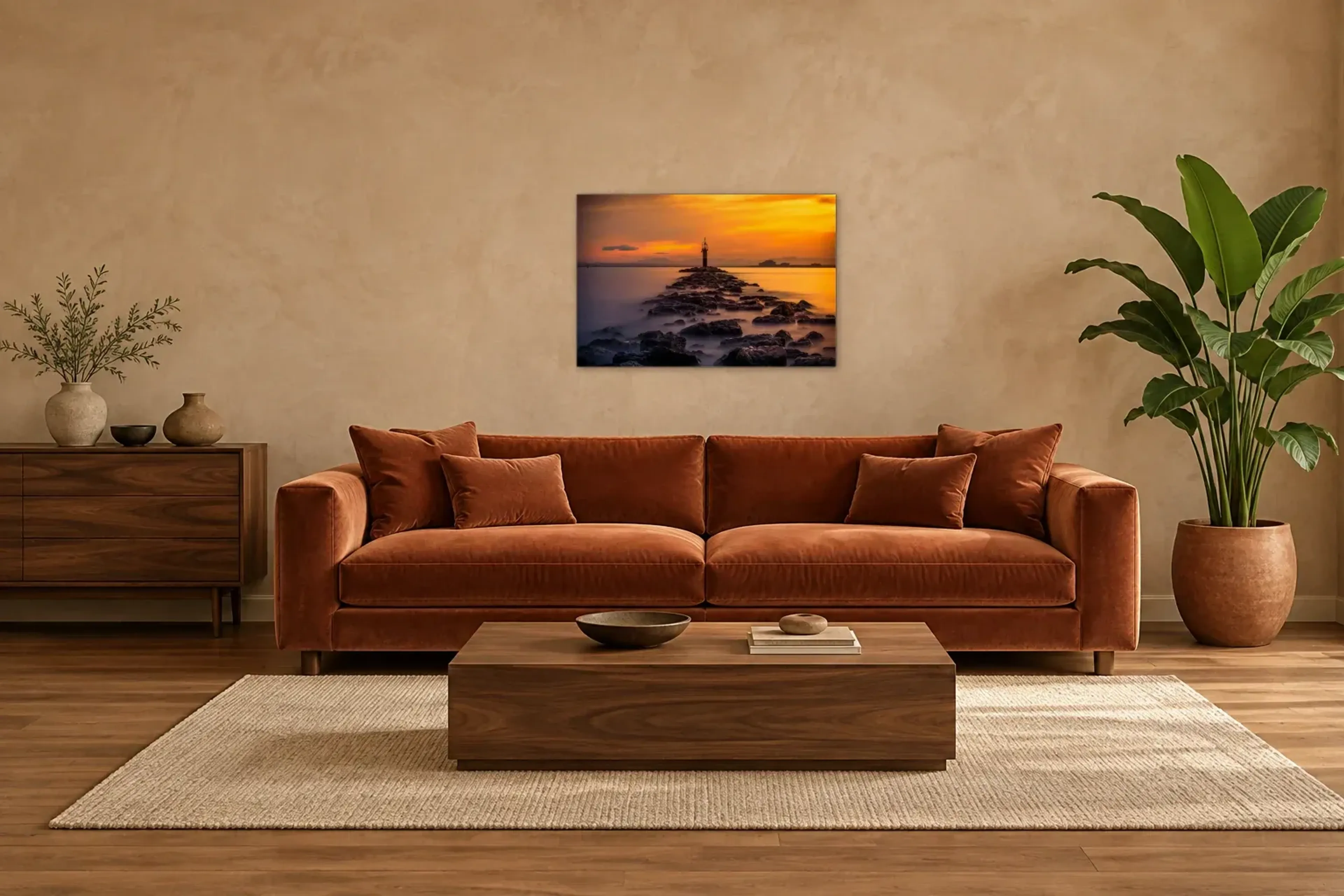 Leuchtfeuer auf der Mole als Wandbild über einem 220-cm-Sofa