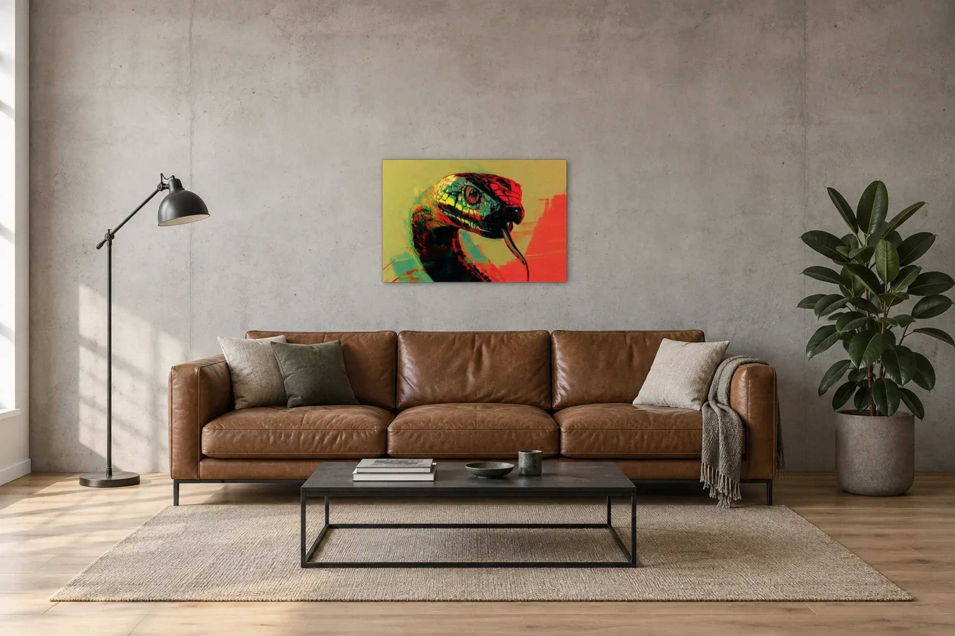 Kobra in Leuchtfarben als Wandbild über einem 220-cm-Sofa