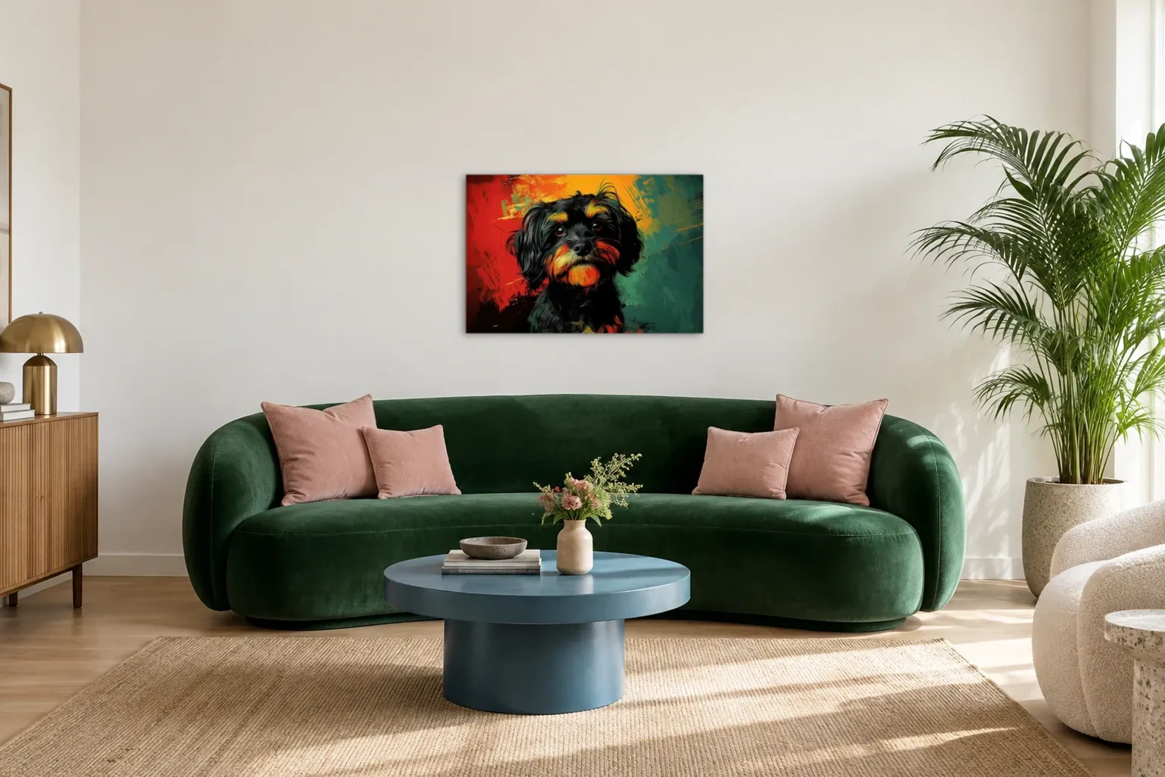 Havaneser vor buntem Grund als Wandbild über einem 220-cm-Sofa