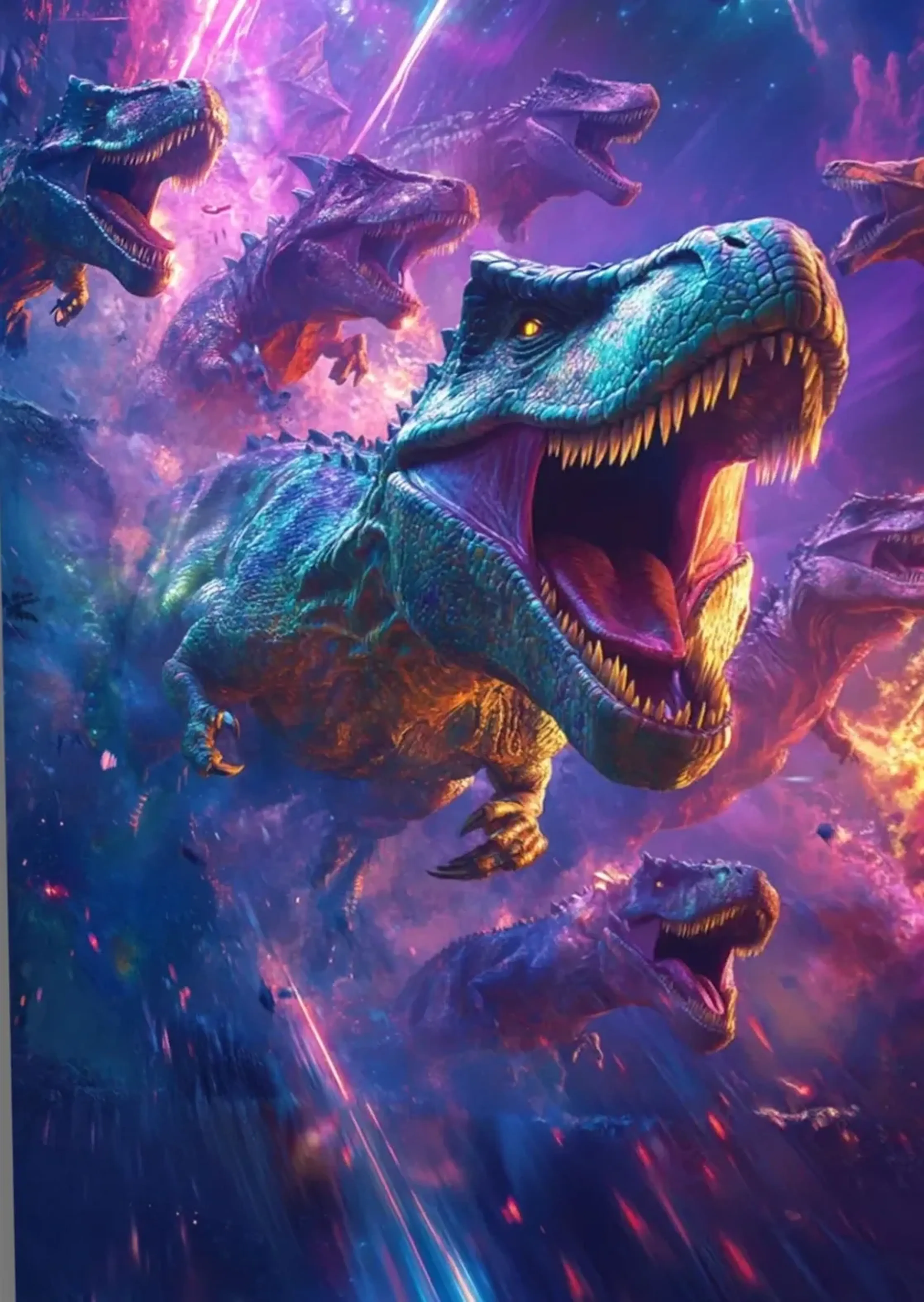 Ein türkisfarbener Dino mit offenem Maul vor weiteren Dinosauriern und violetten, pinken und blauen Lichtspuren.