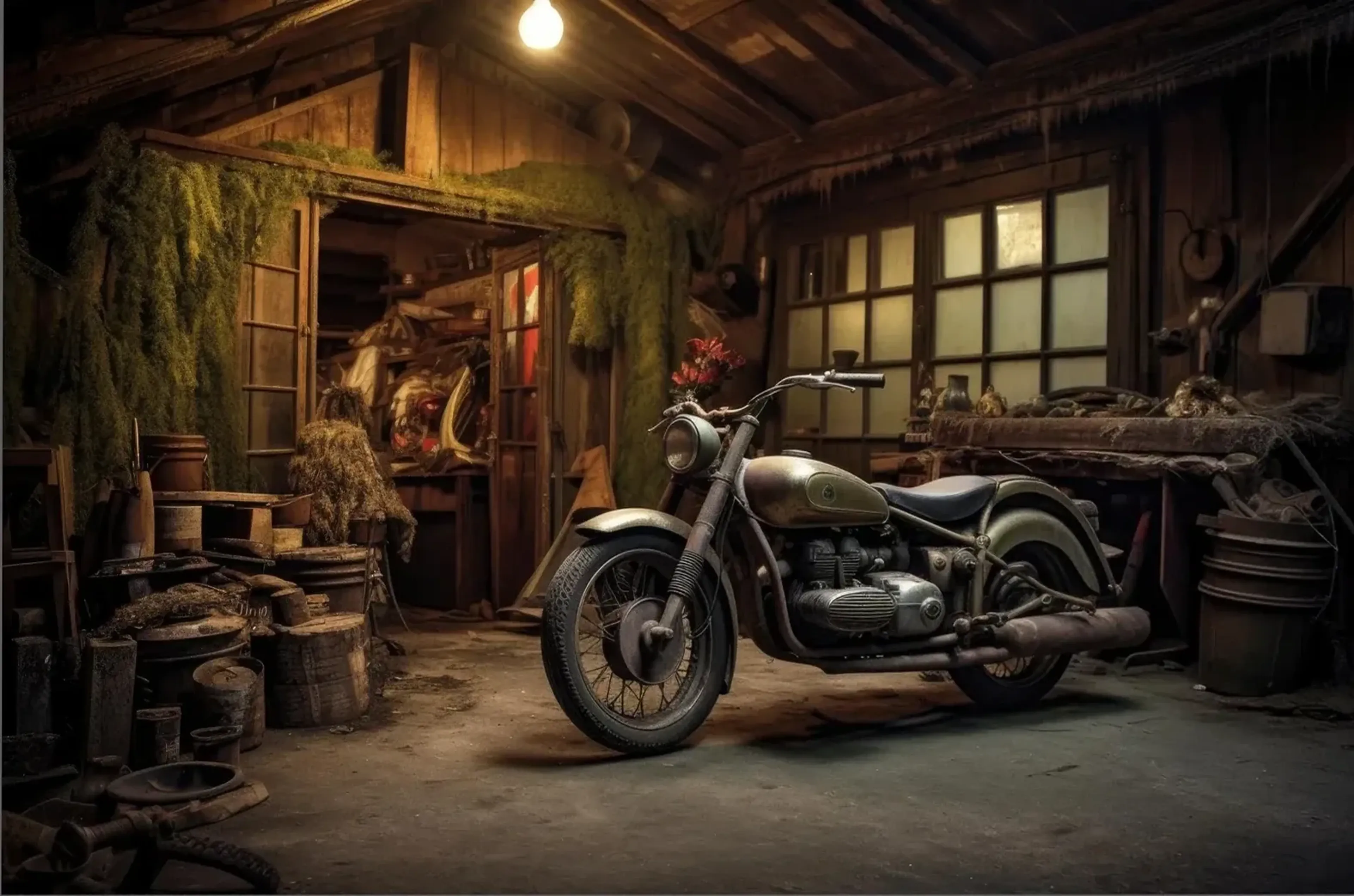 Ein altes Motorrad steht in einer dunklen Holzgarage unter einer warm leuchtenden Glühbirne.