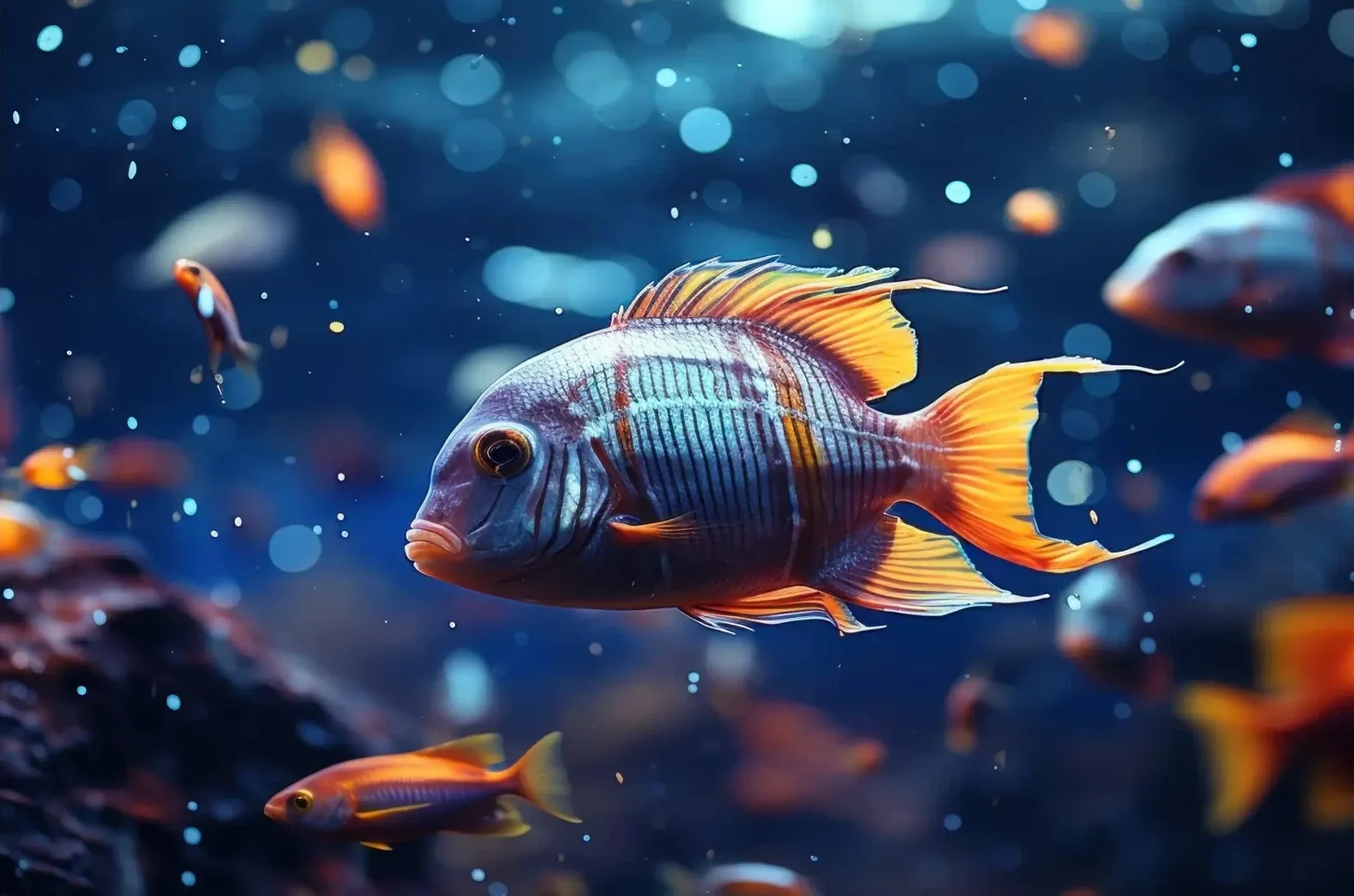 Blau gestreifter Fisch mit gelb-orangefarbenen Flossen, umgeben von kleineren Fischen und hellen Lichtpunkten.