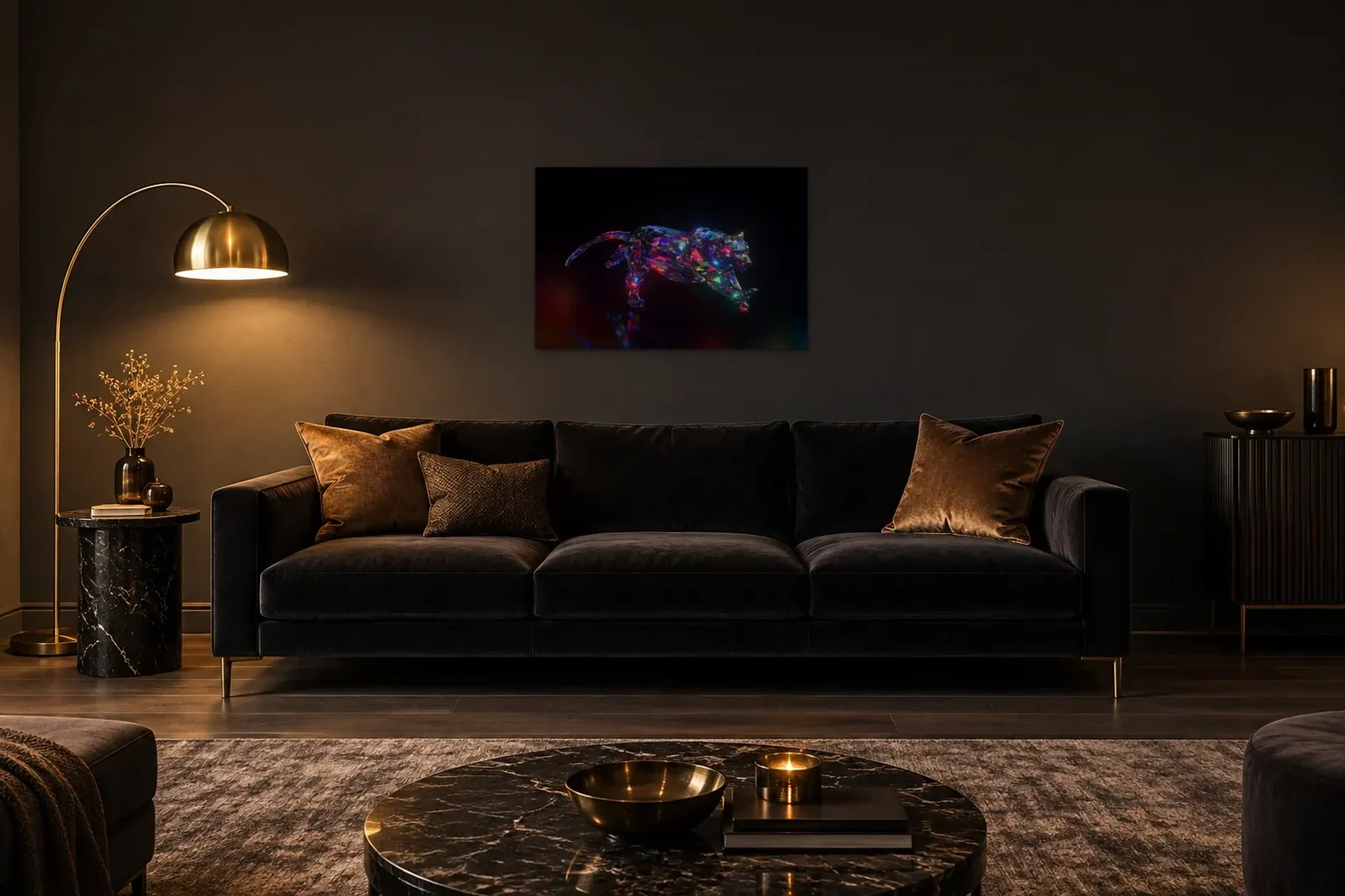 Panther im Sprung als Wandbild über einem 220-cm-Sofa