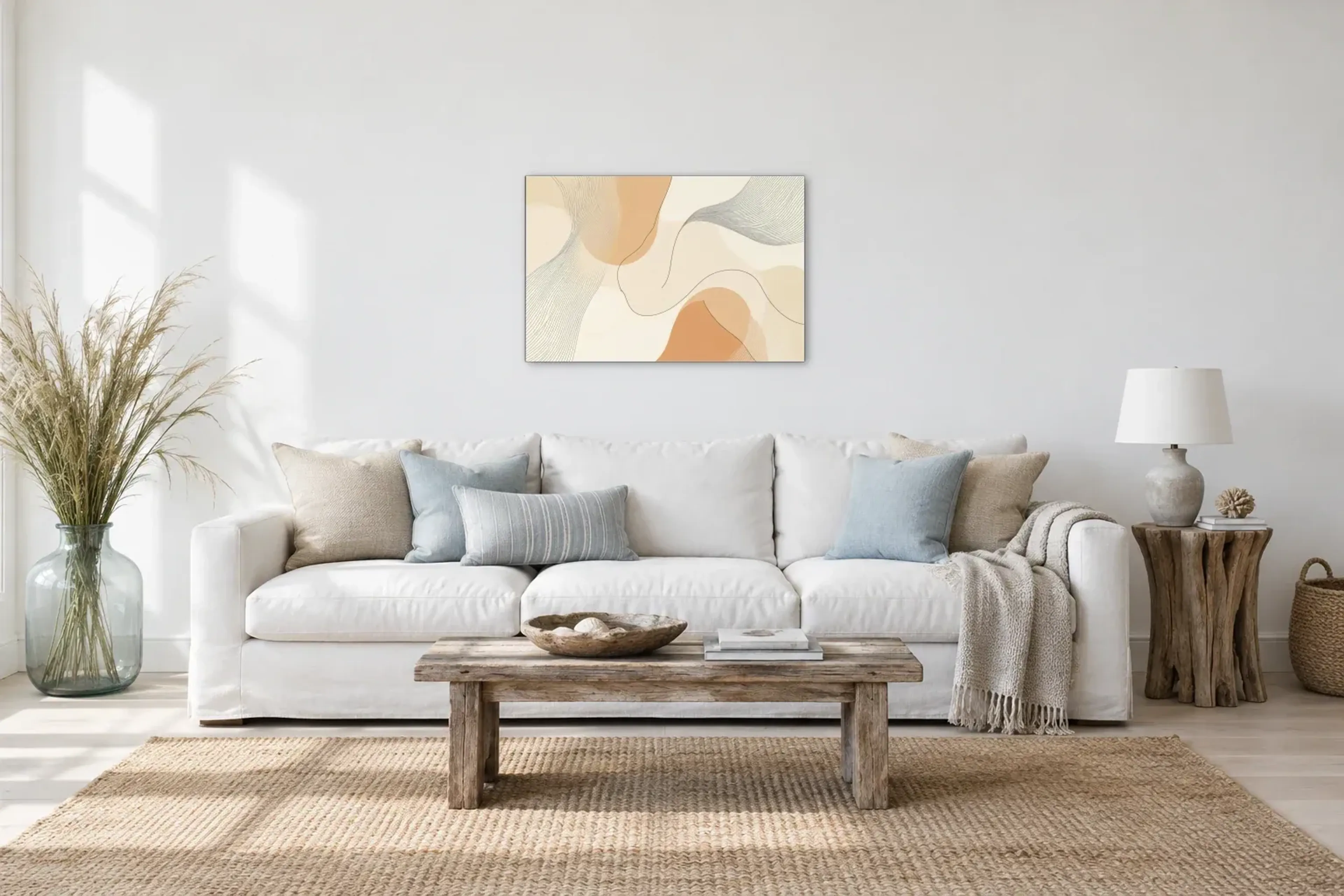 Boho Linien als Wandbild über einem 220-cm-Sofa