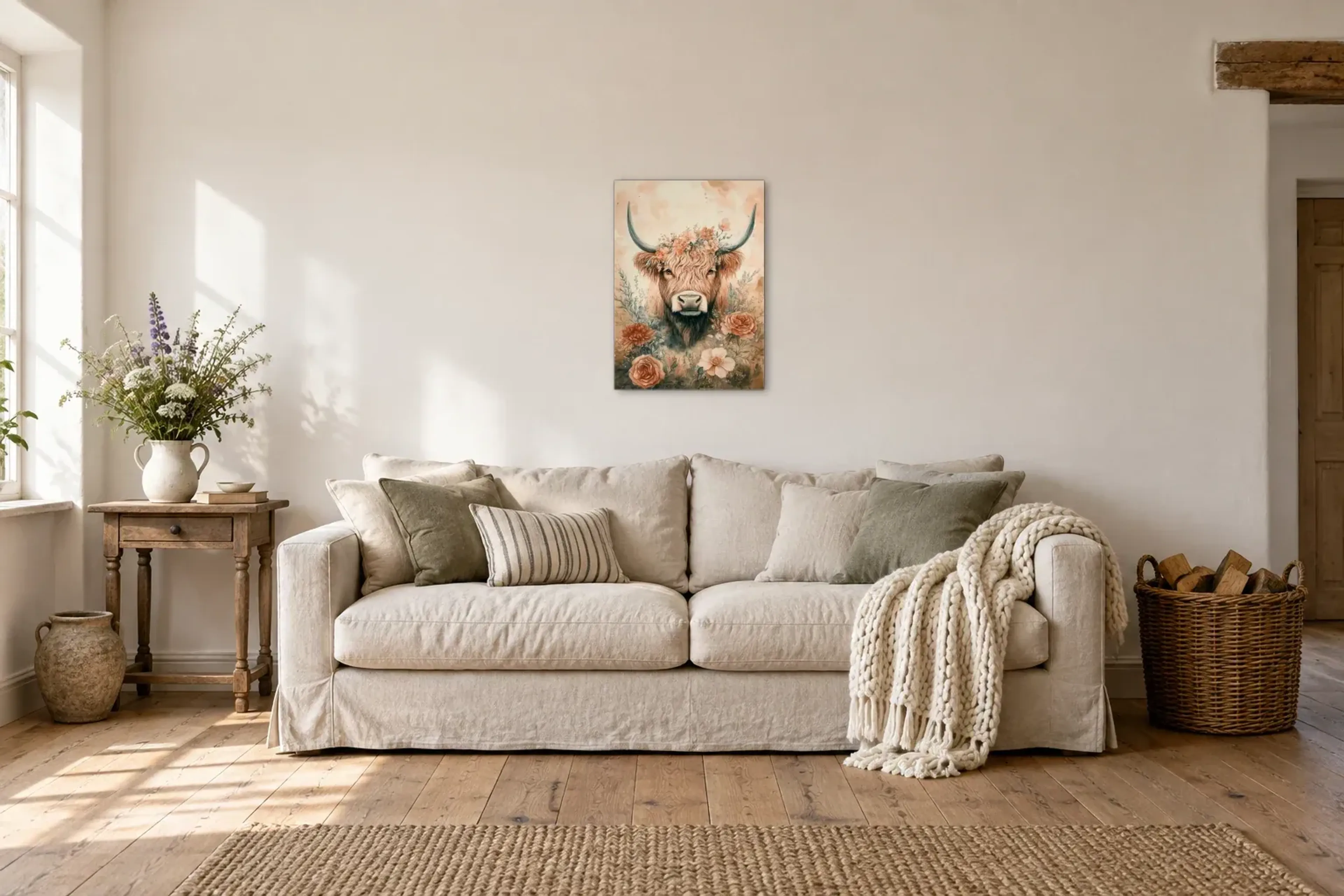 Hochlandrind mit Rosenkranz als Wandbild über einem 220-cm-Sofa
