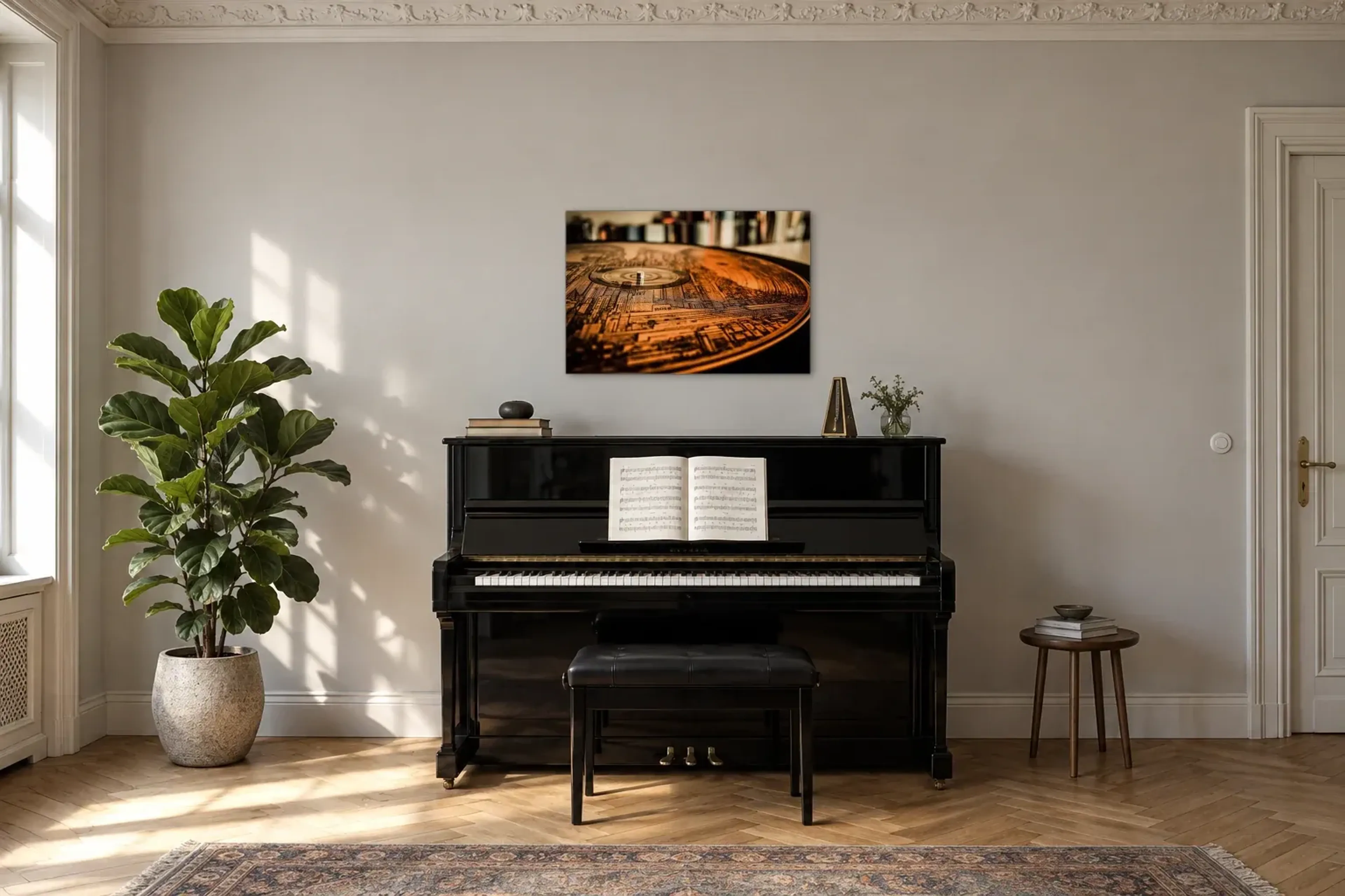 Schallplatte mit Stadtmotiv als Wandbild über einem 150-cm-Klavier