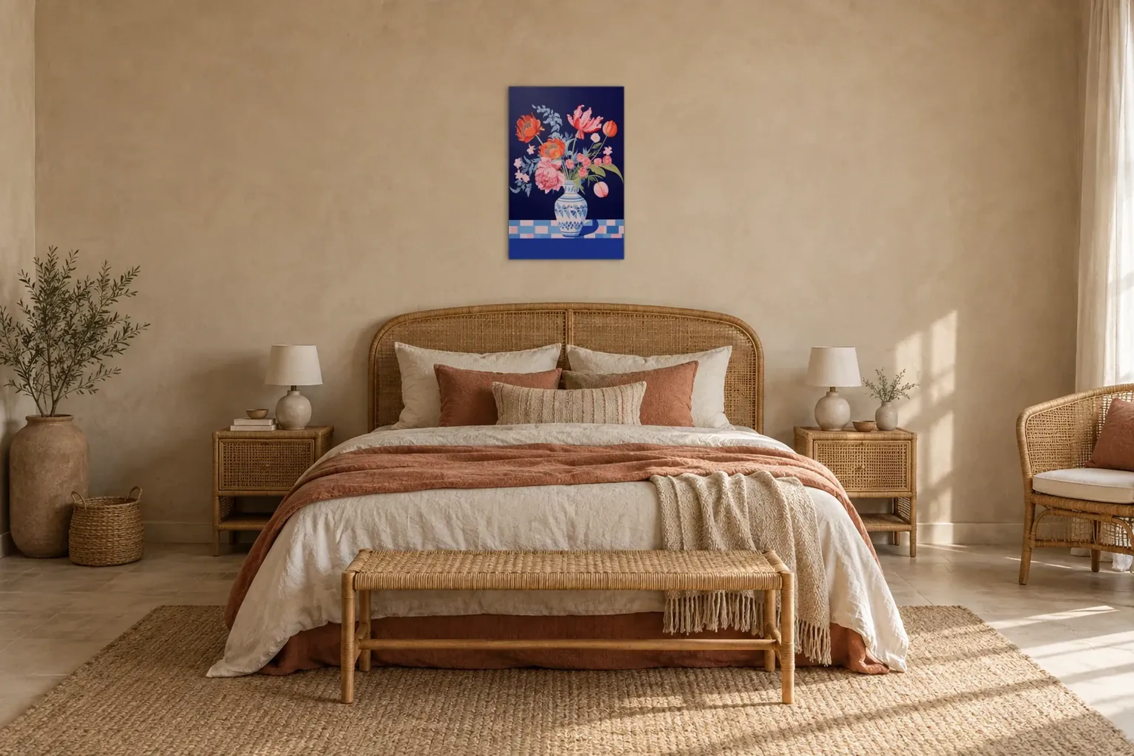 Blumen in blauer Vase als Wandbild über einem 180-cm-Bett