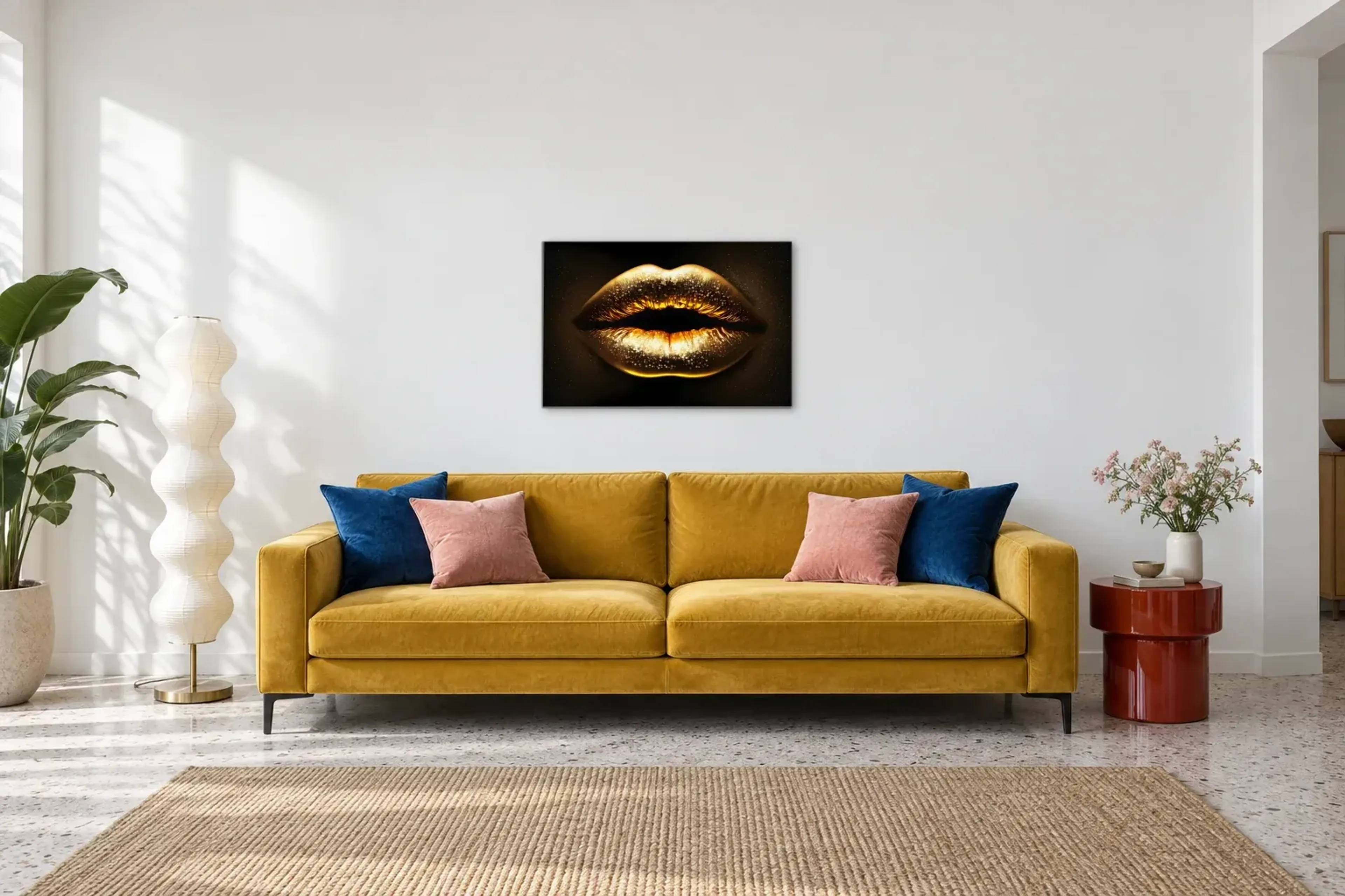 Goldene Lippen als Wandbild über einem 220-cm-Sofa