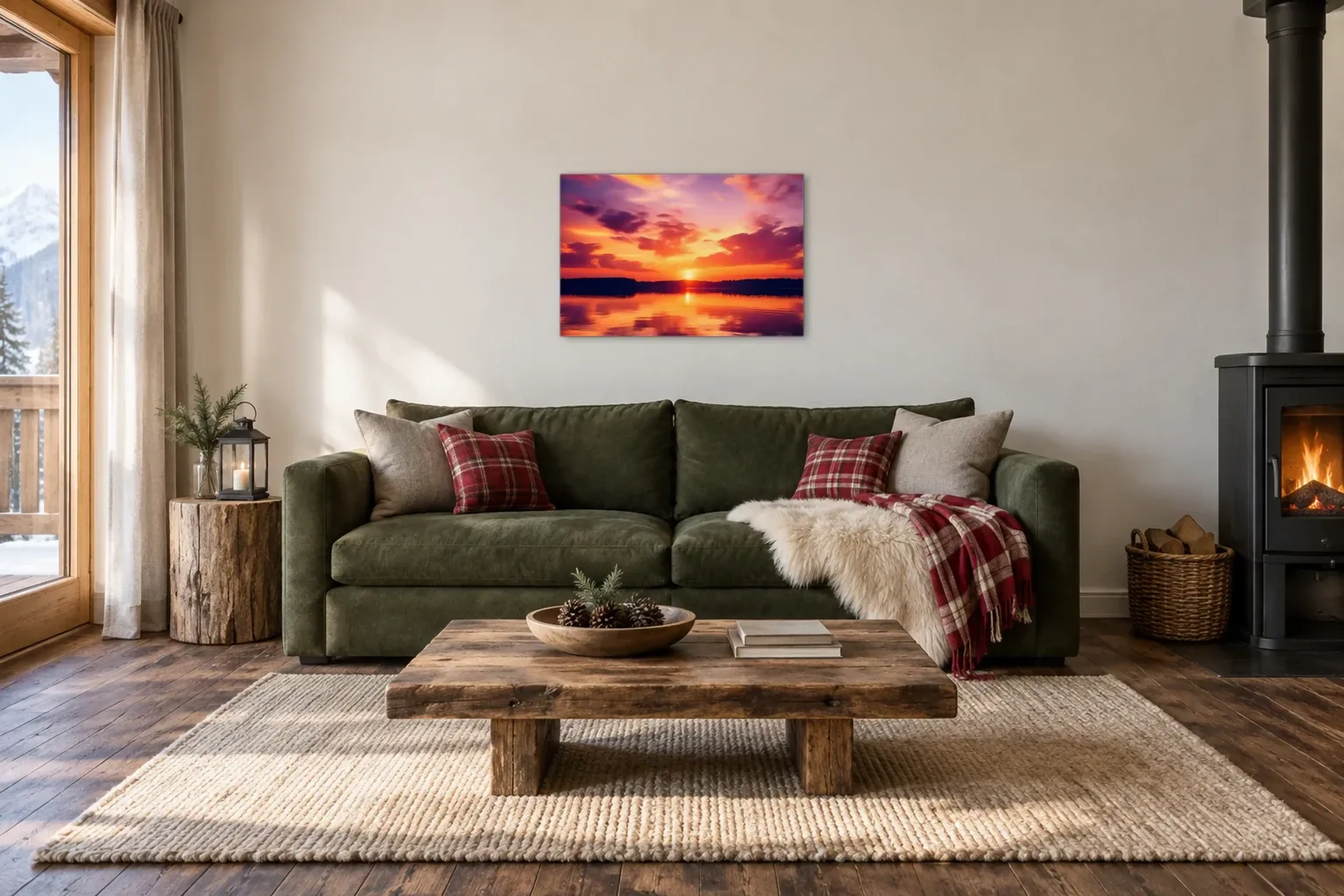 Sonnenuntergang am See als Wandbild über einem 220-cm-Sofa