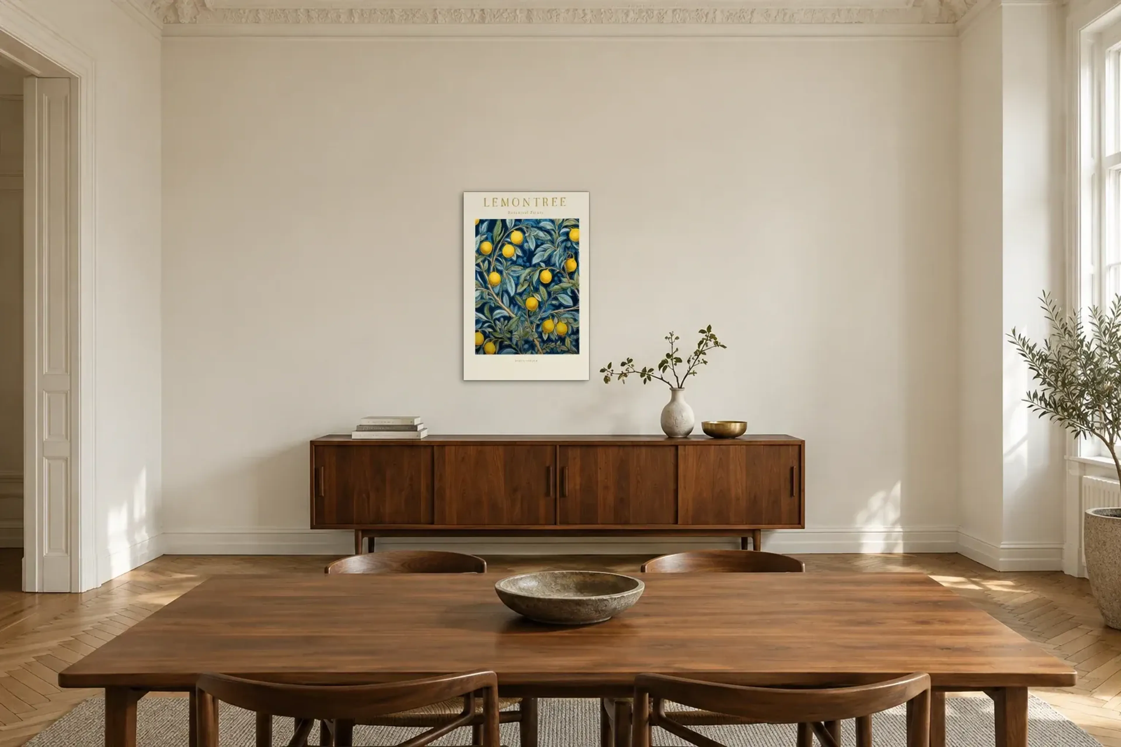 Zitronenzweige im Dunkelblau als Wandbild über einem 200-cm-Sideboard