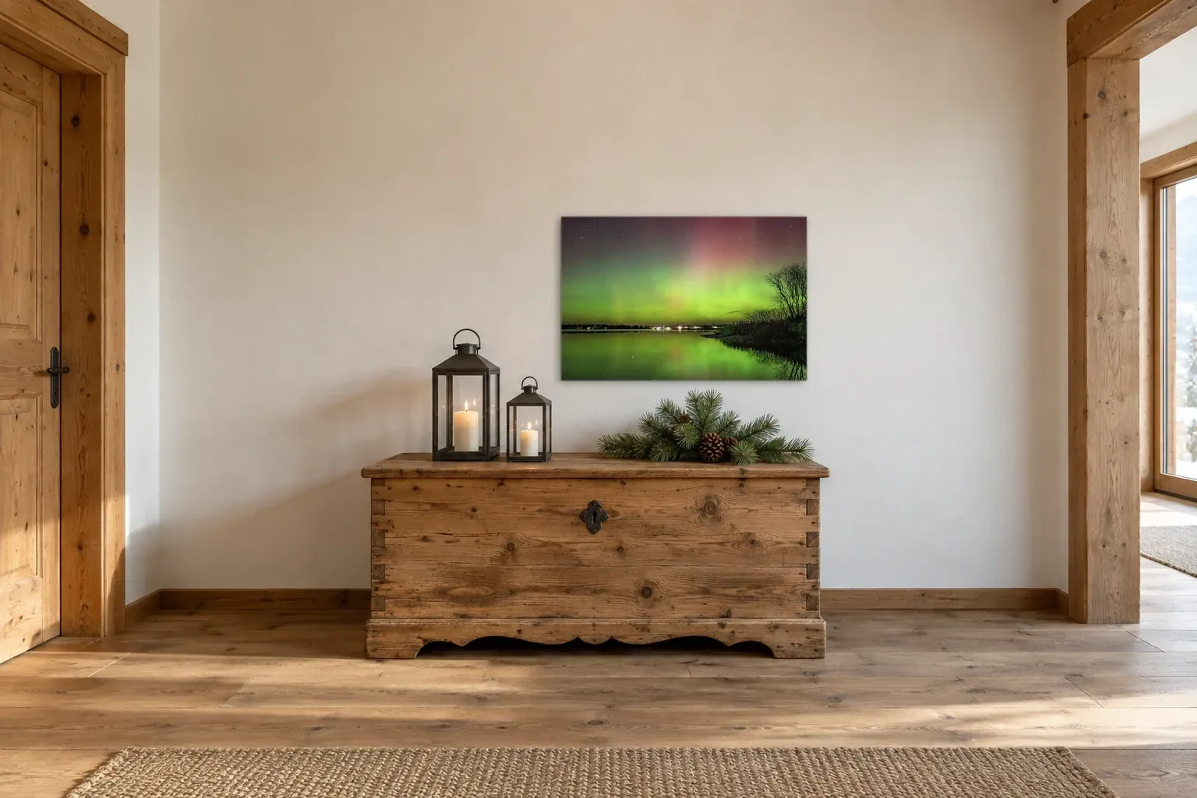 Polarlichter über dem See als Wandbild über einer 140-cm-Truhe