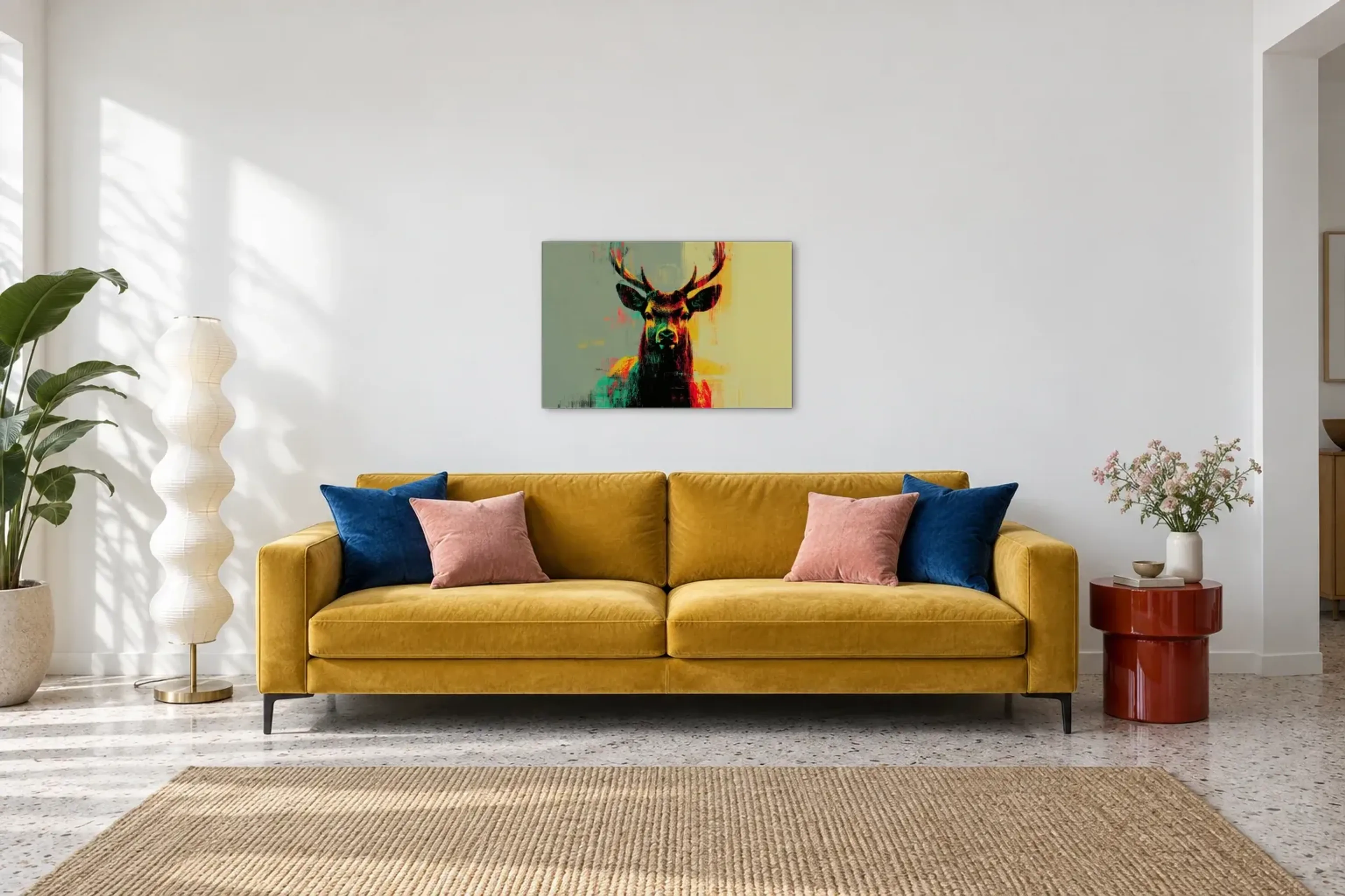 Hirsch in Türkisgelb als Wandbild über einem 220-cm-Sofa
