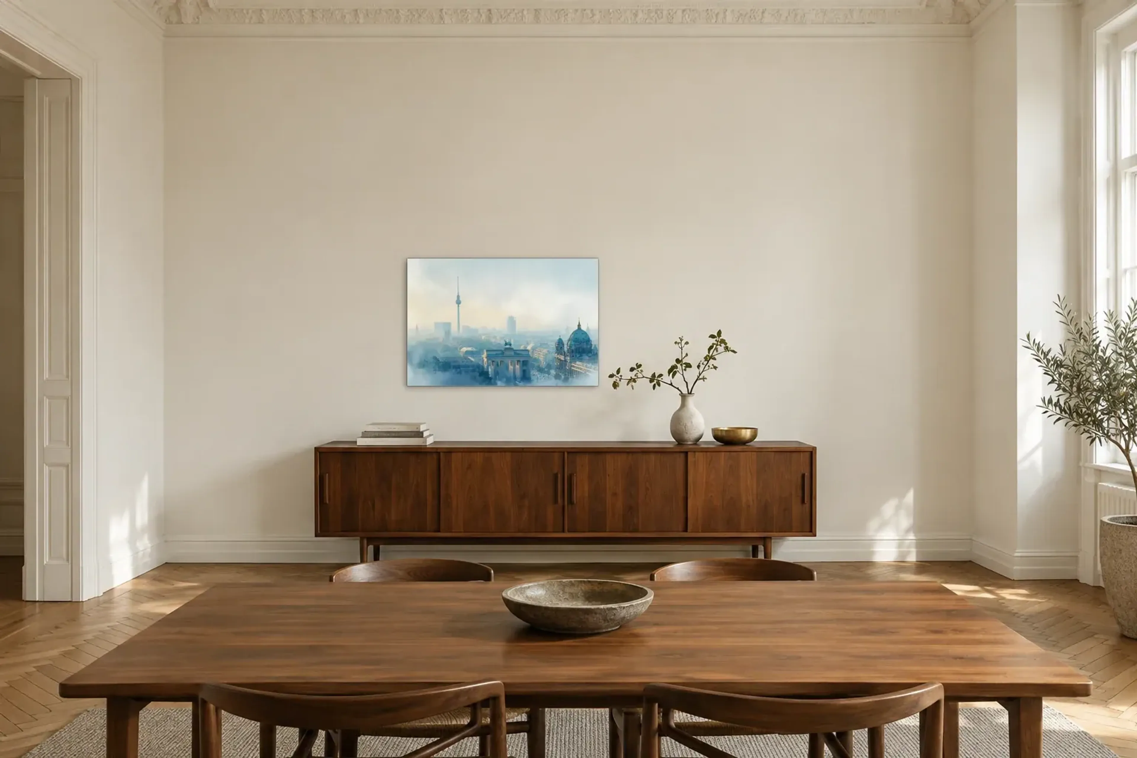 Berlin im hellen Dunst als Wandbild über einem 200-cm-Sideboard