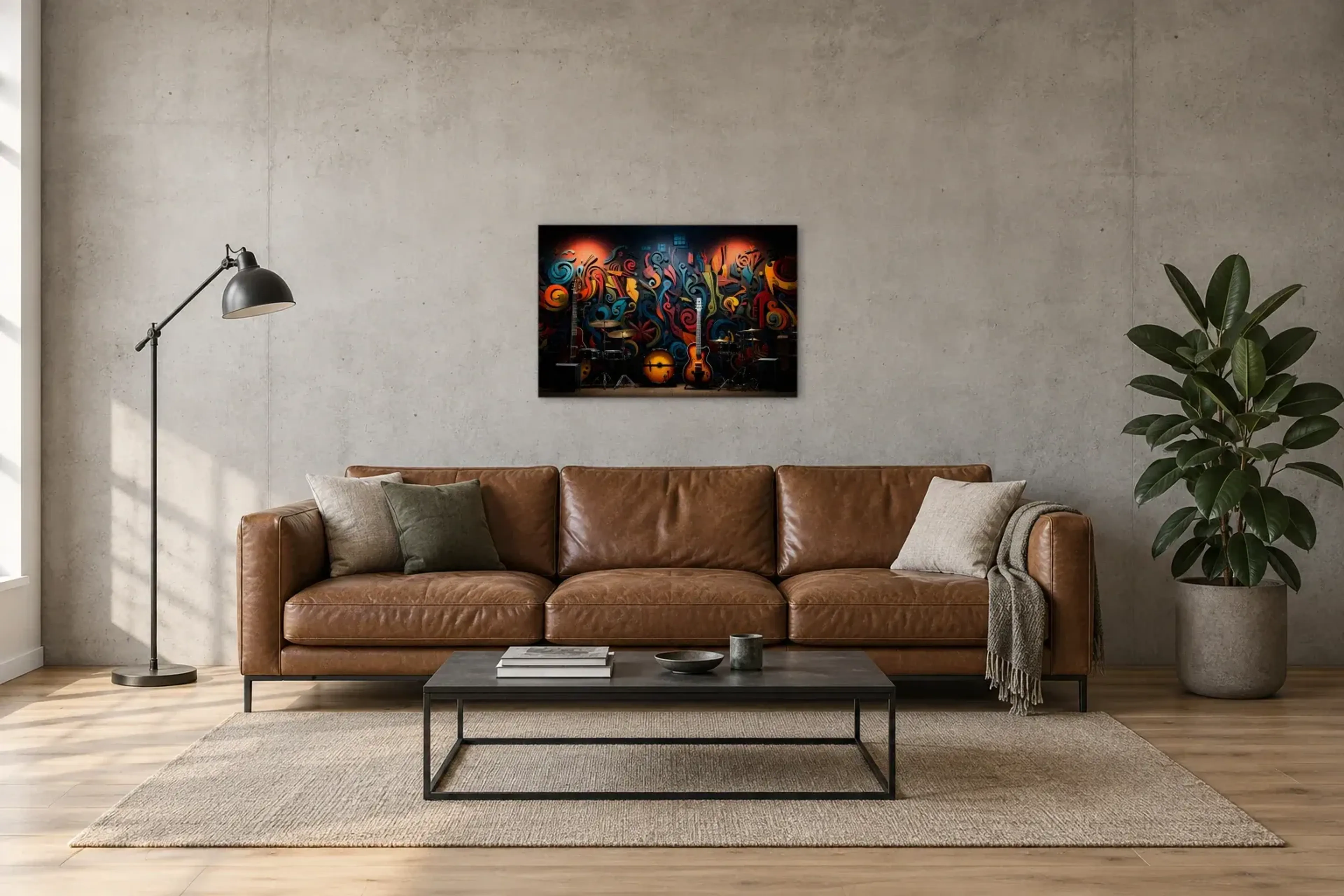 Instrumente vor Graffiti als Wandbild über einem 220-cm-Sofa