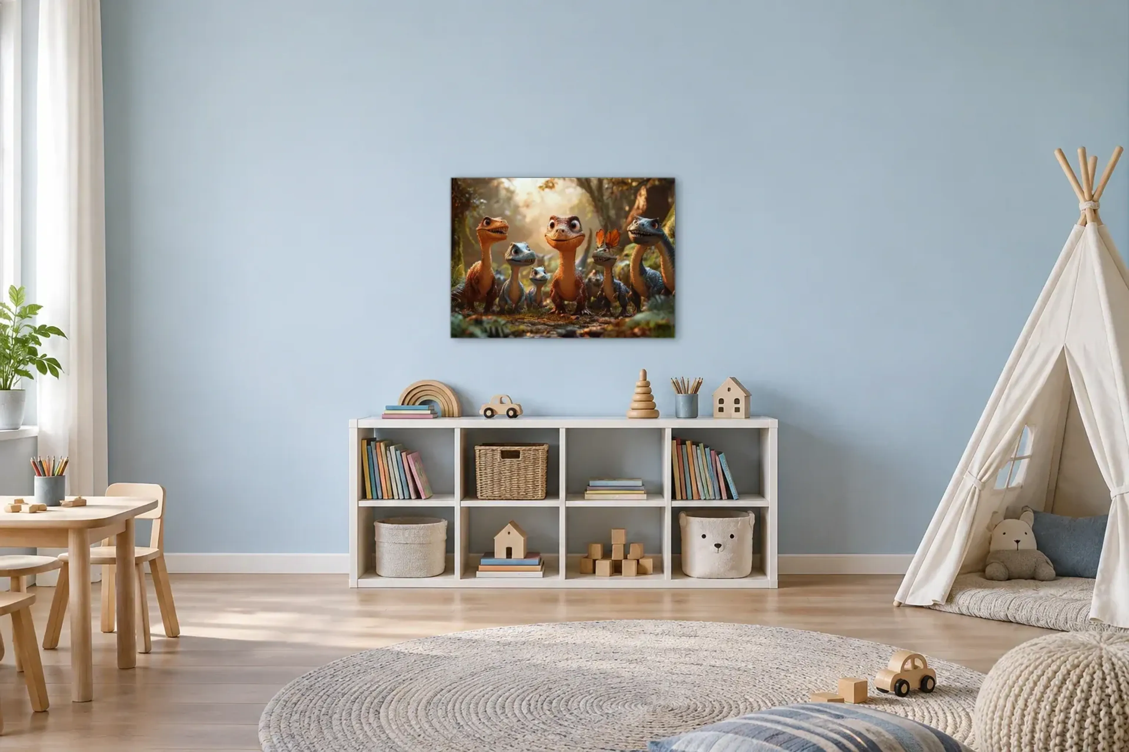 Neugierige Dinos im Wald als Wandbild über einem 120-cm-Spielregal