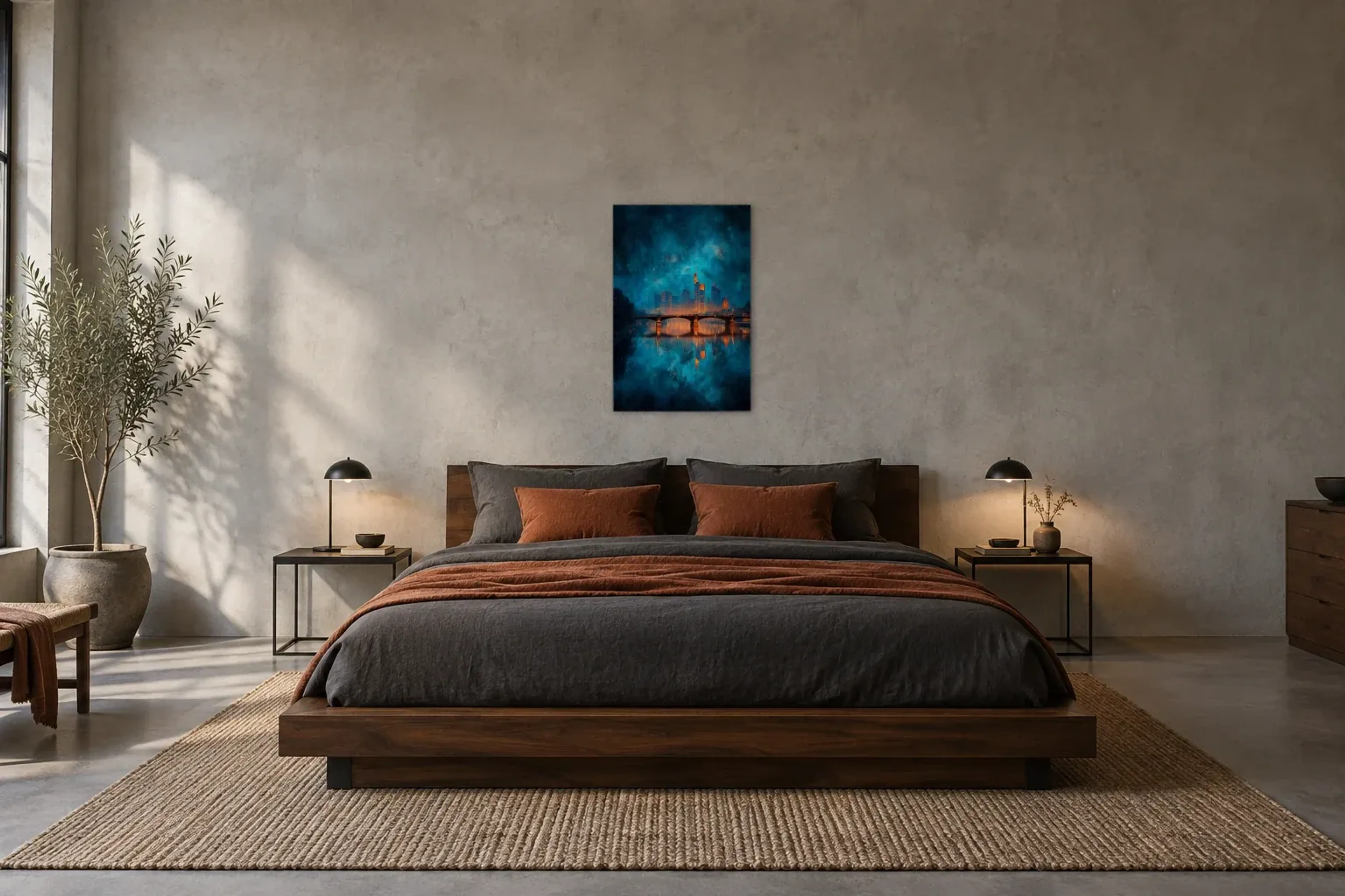 Frankfurt unter türkisblauem Himmel als Wandbild über einem 180-cm-Bett