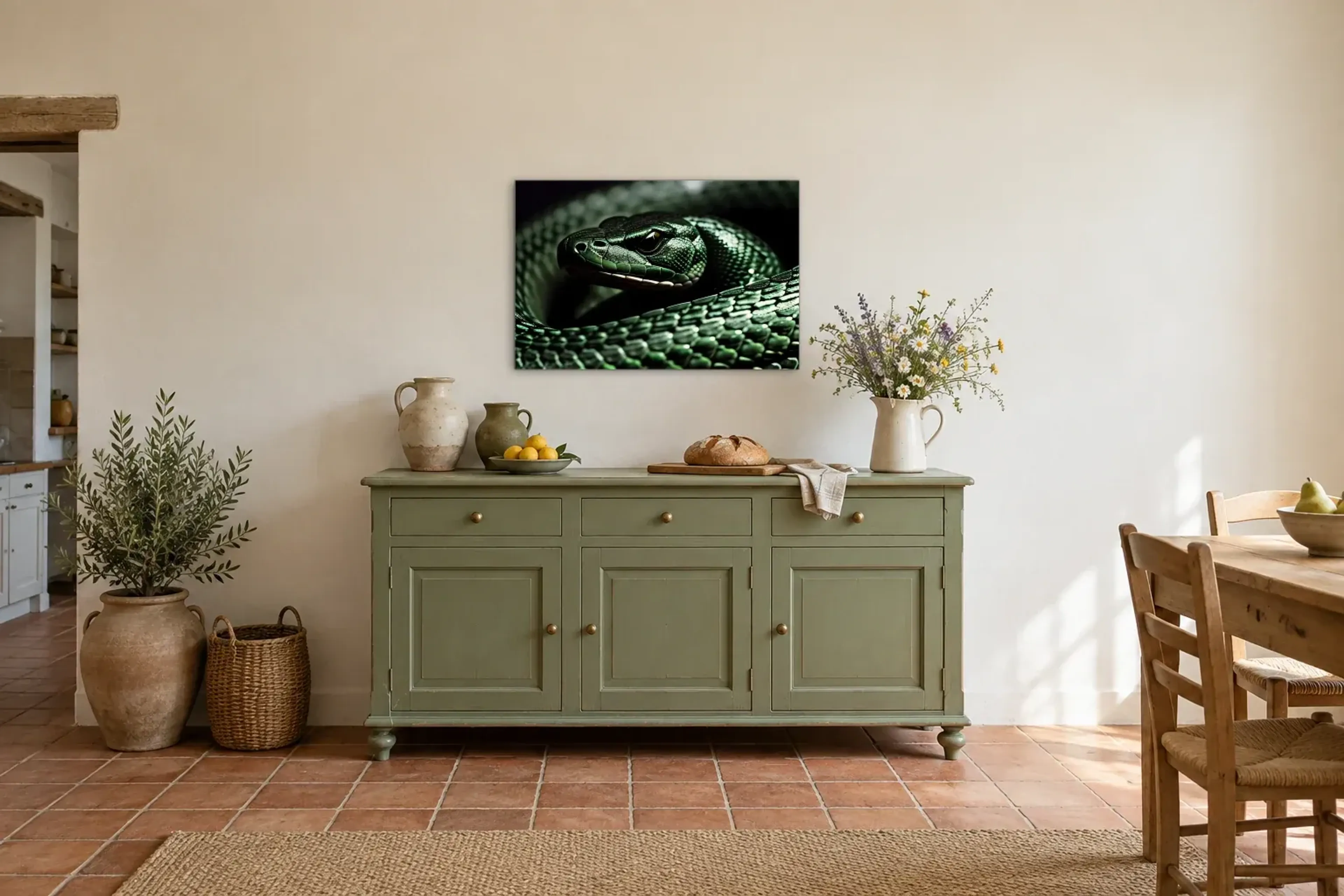 Edle grüne Schlange als Wandbild über einer 160-cm-Anrichte