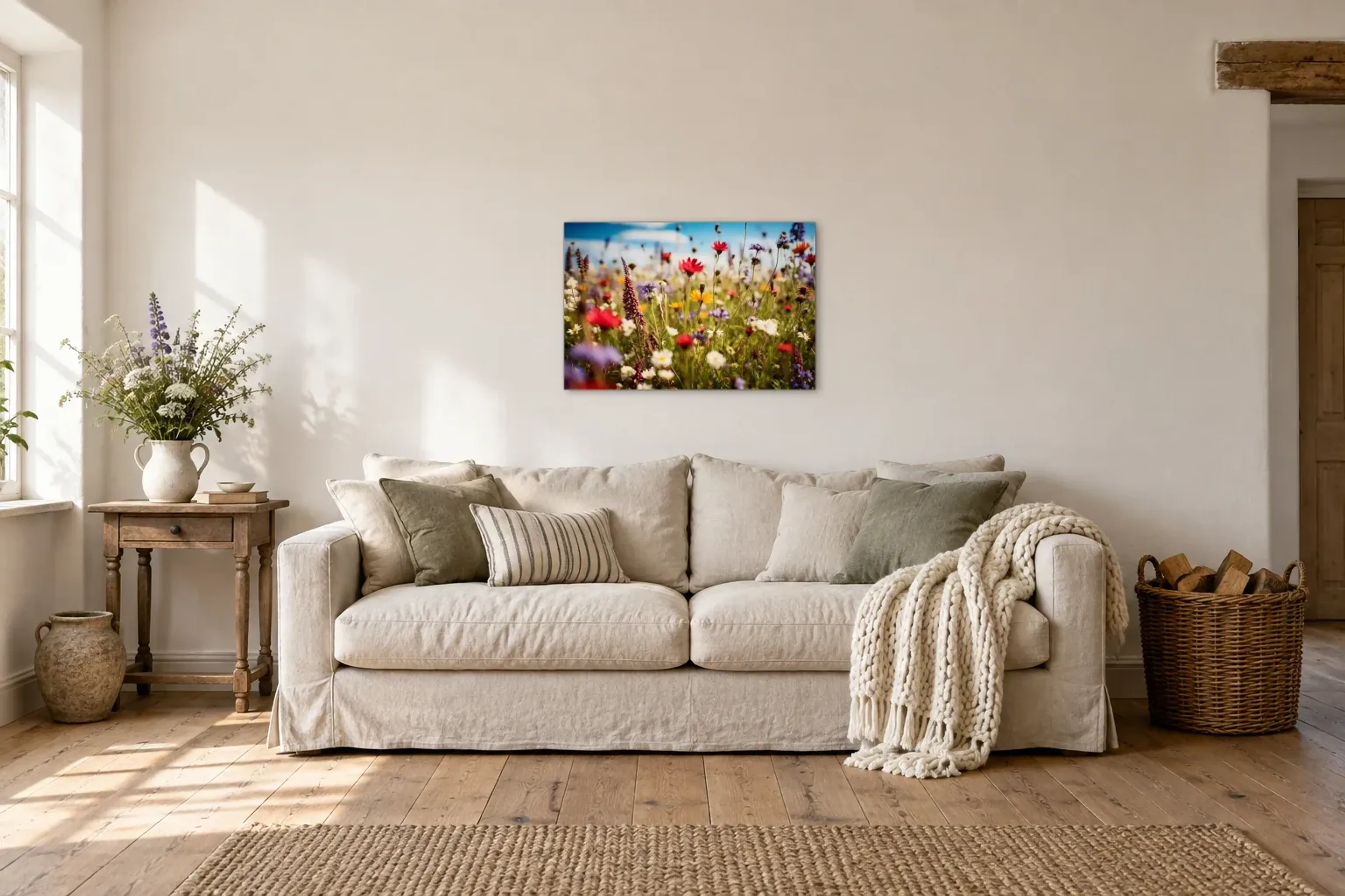 Zwischen bunten Wiesenblumen als Wandbild über einem 220-cm-Sofa