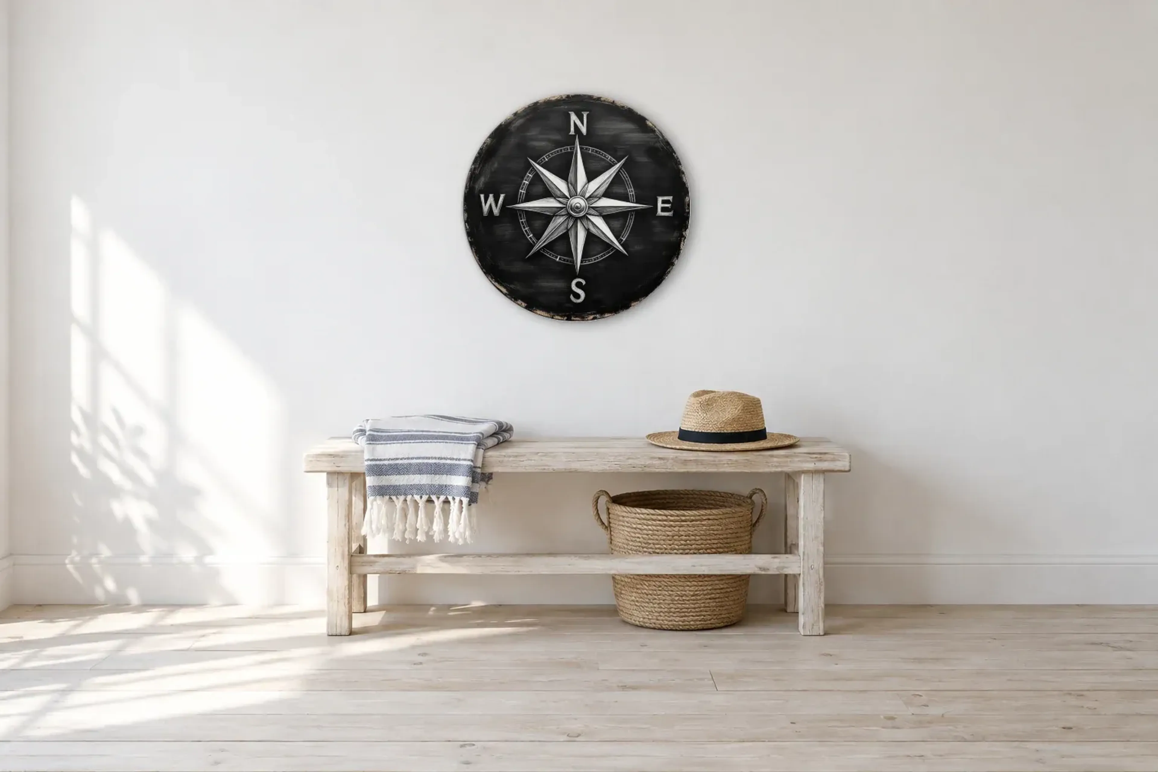Kompass als Wandbild über einer 100-cm-Bank