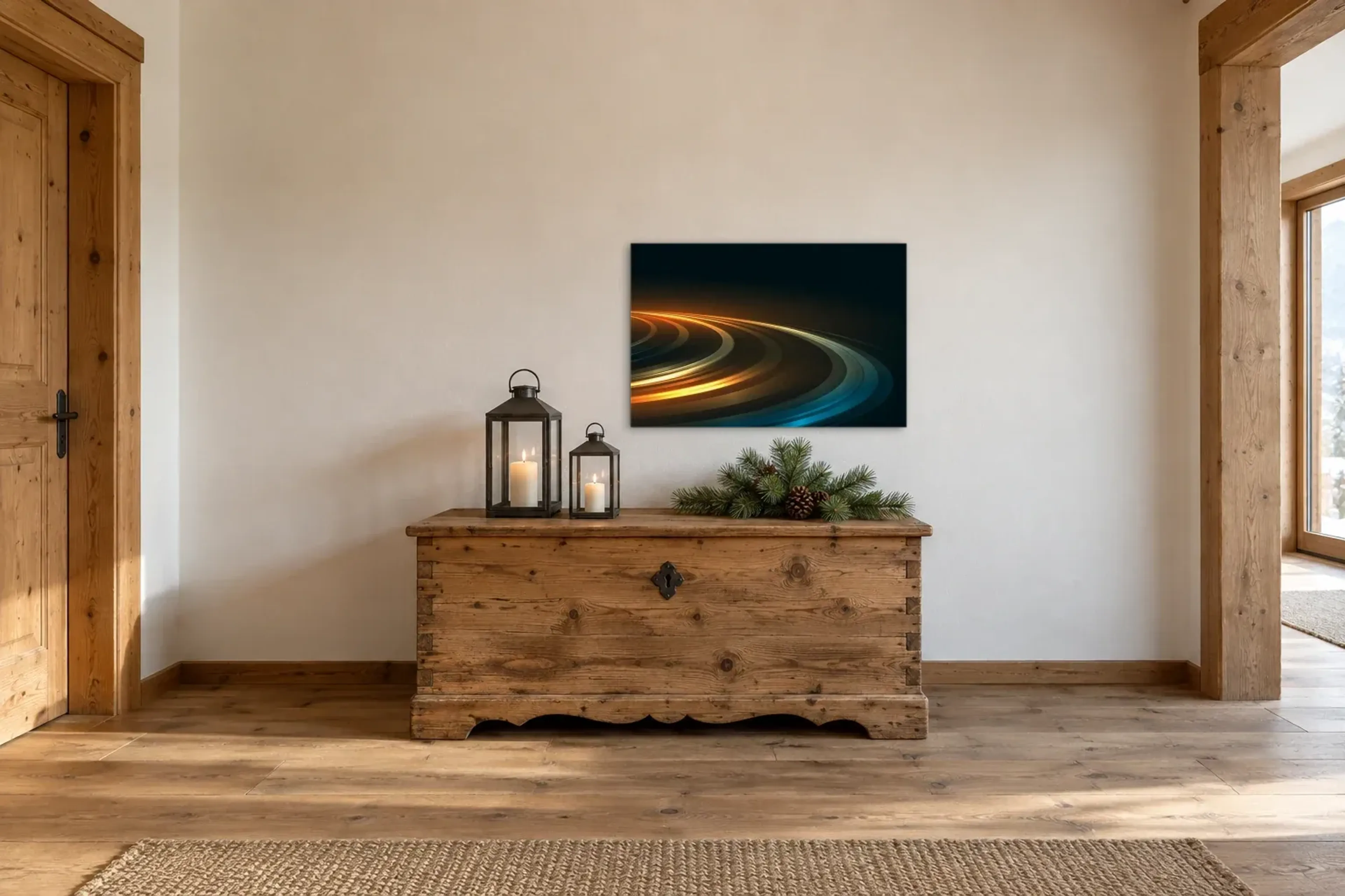 Leuchtende Kreisbahnen als Wandbild über einer 140-cm-Truhe