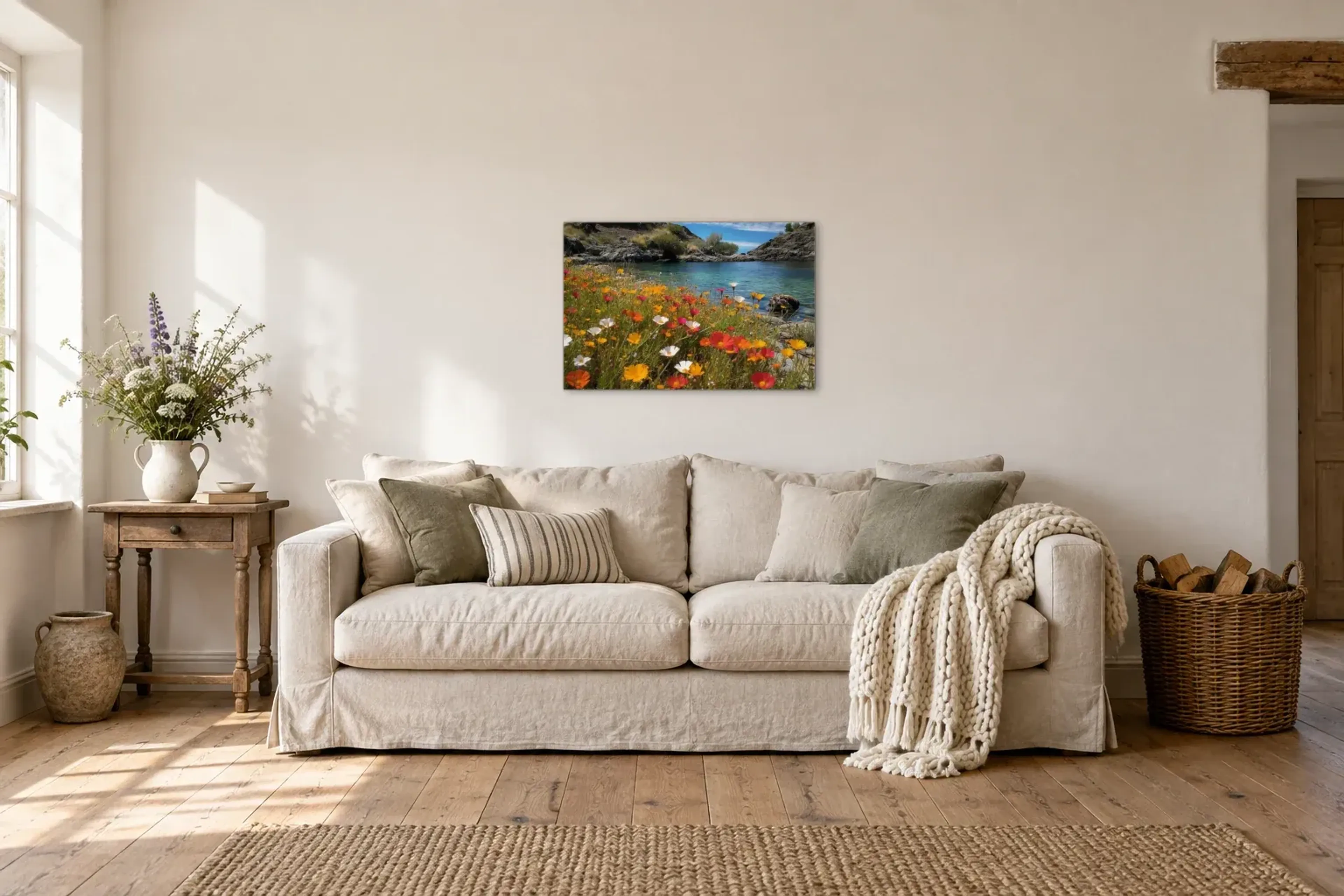 Blumenwiese am Wasser als Wandbild über einem 220-cm-Sofa