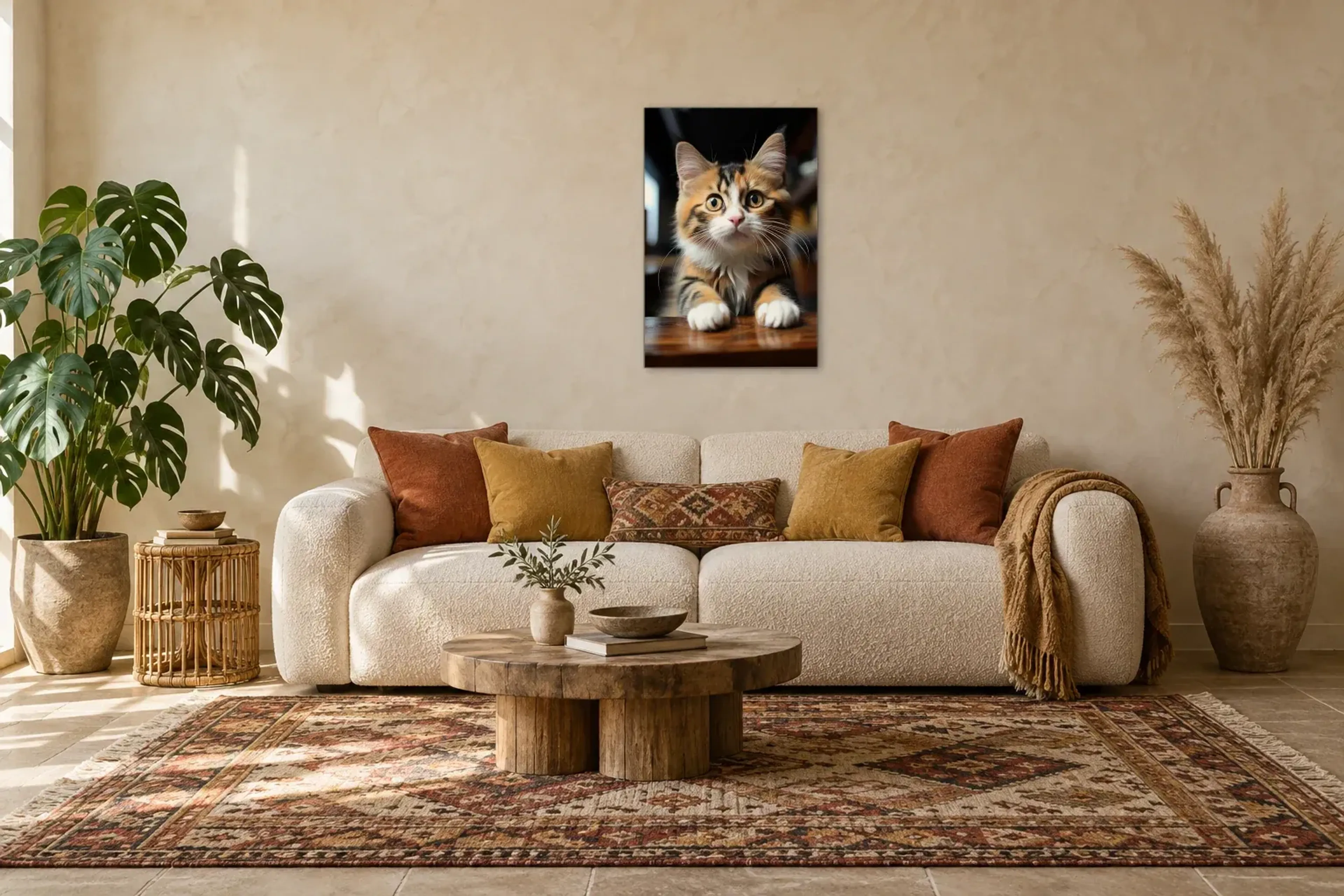 Junge Katze als Wandbild über einem 220-cm-Sofa