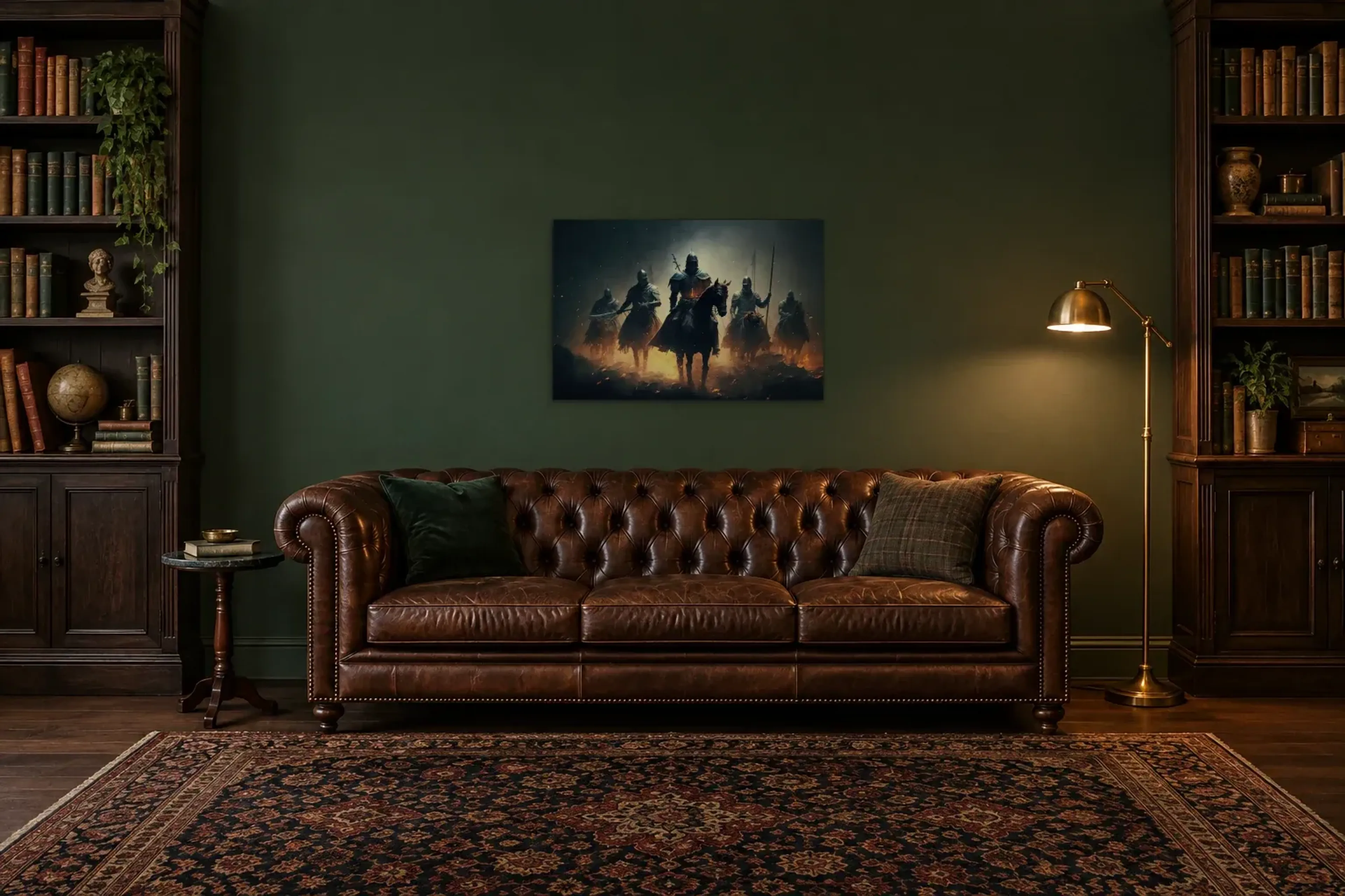 Ritter auf Pferden als Wandbild über einem 200-cm-Chesterfield-Sofa