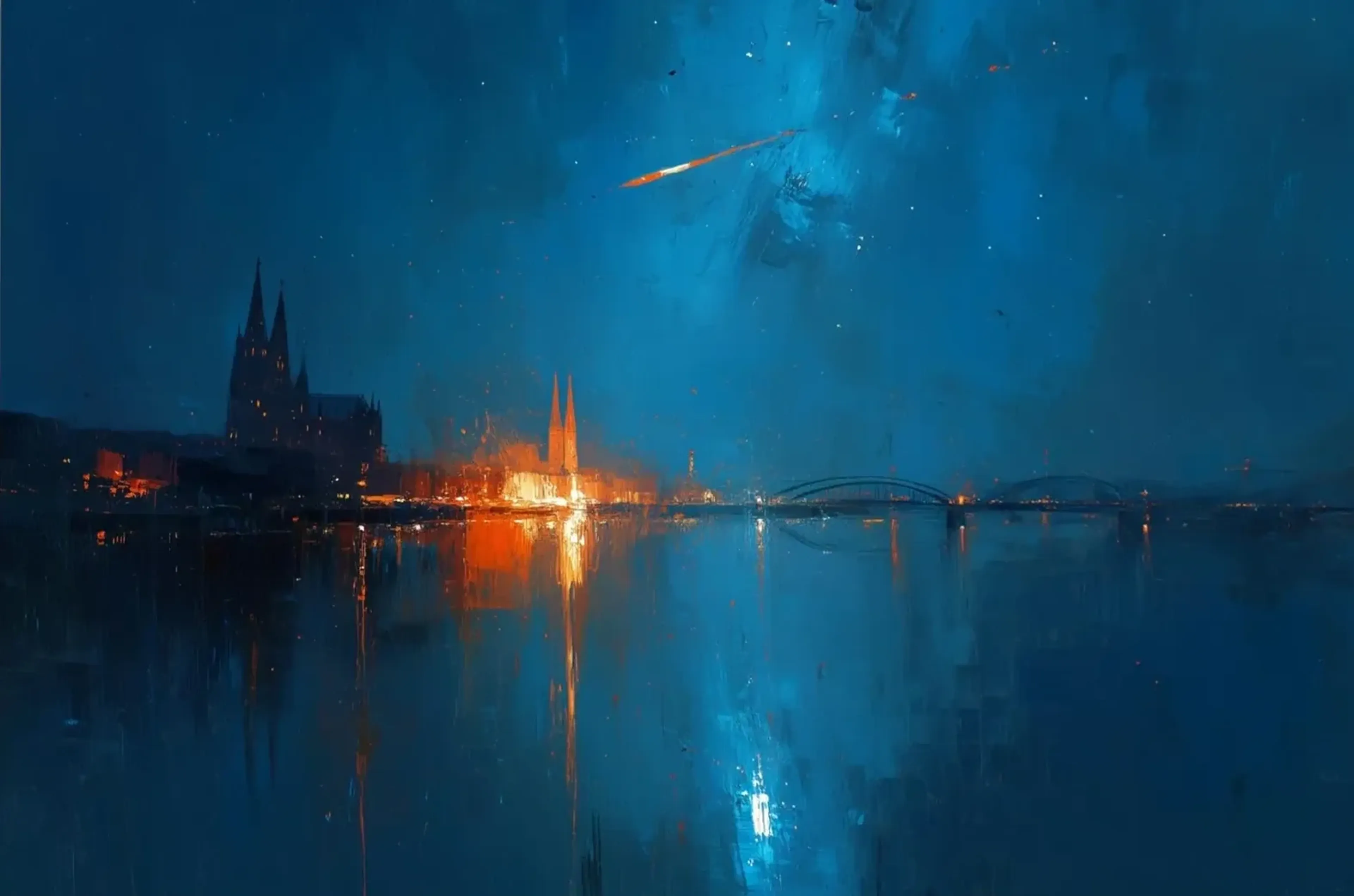 Köln in blauer Stille – Motiv als Wandbild auf Holz