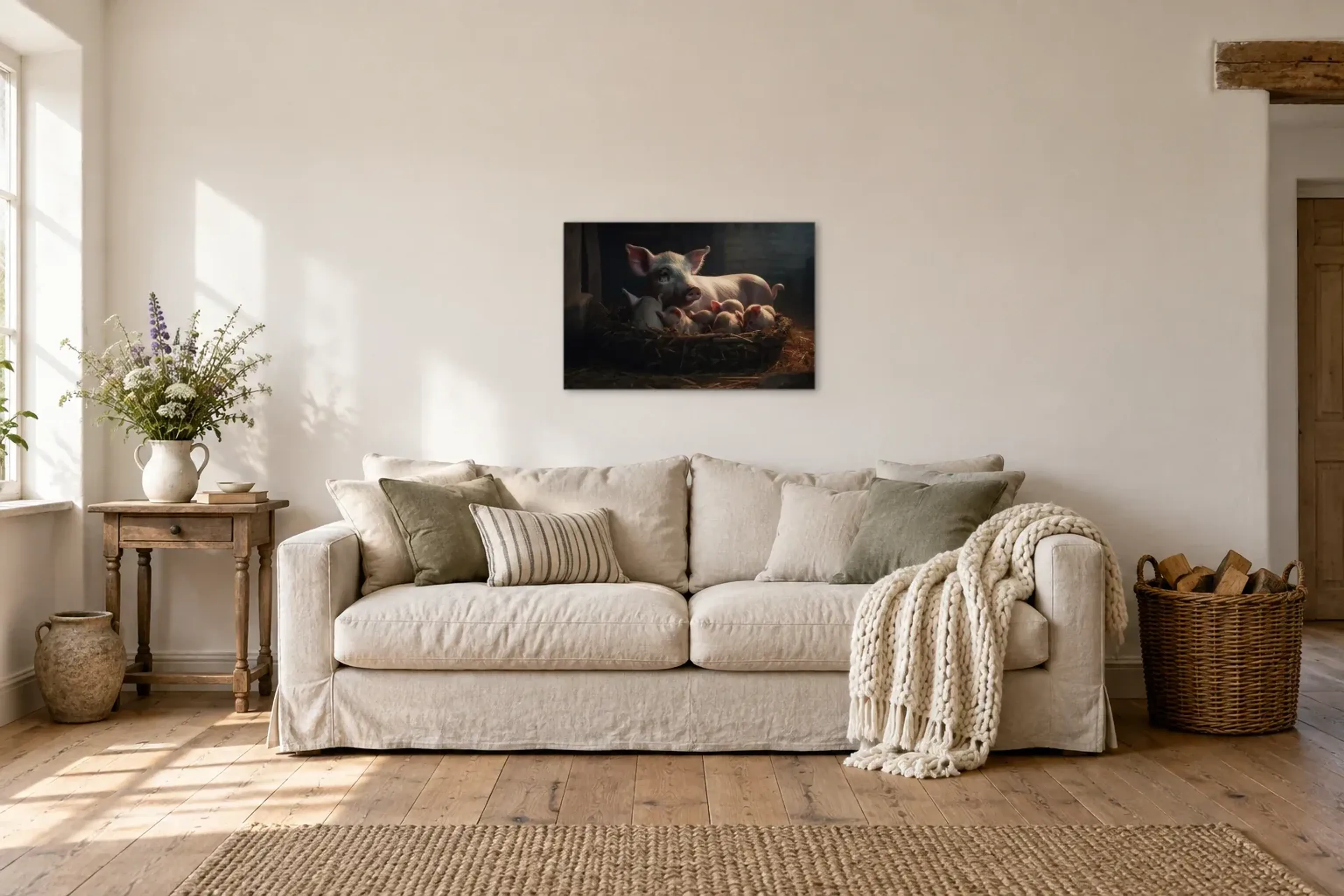 Schweine-Familie im Stall als Wandbild über einem 220-cm-Sofa