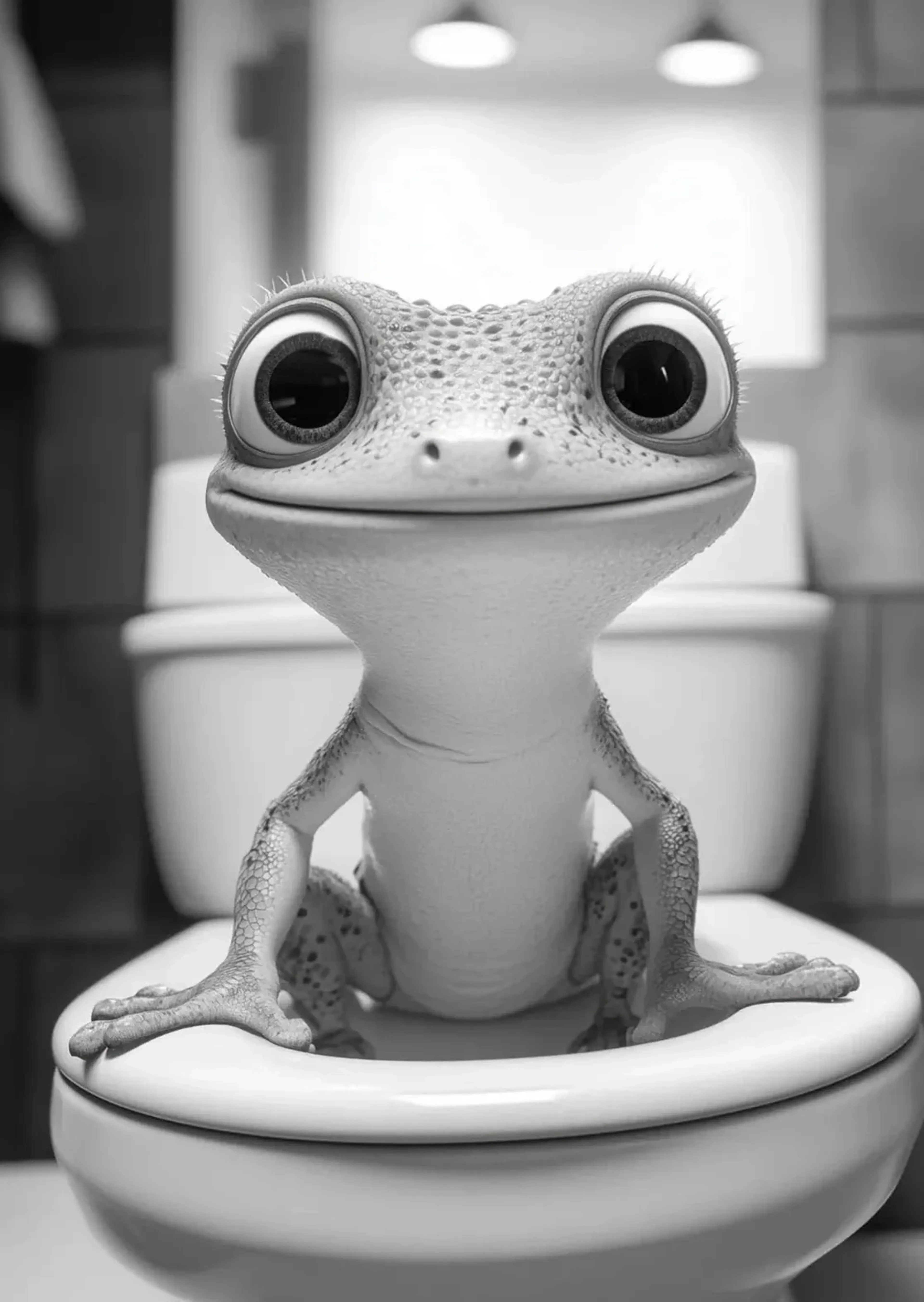 Ein Gecko mit großen Kulleraugen sitzt auf einer Toilette und stützt seine gespreizten Zehen auf den Sitz.