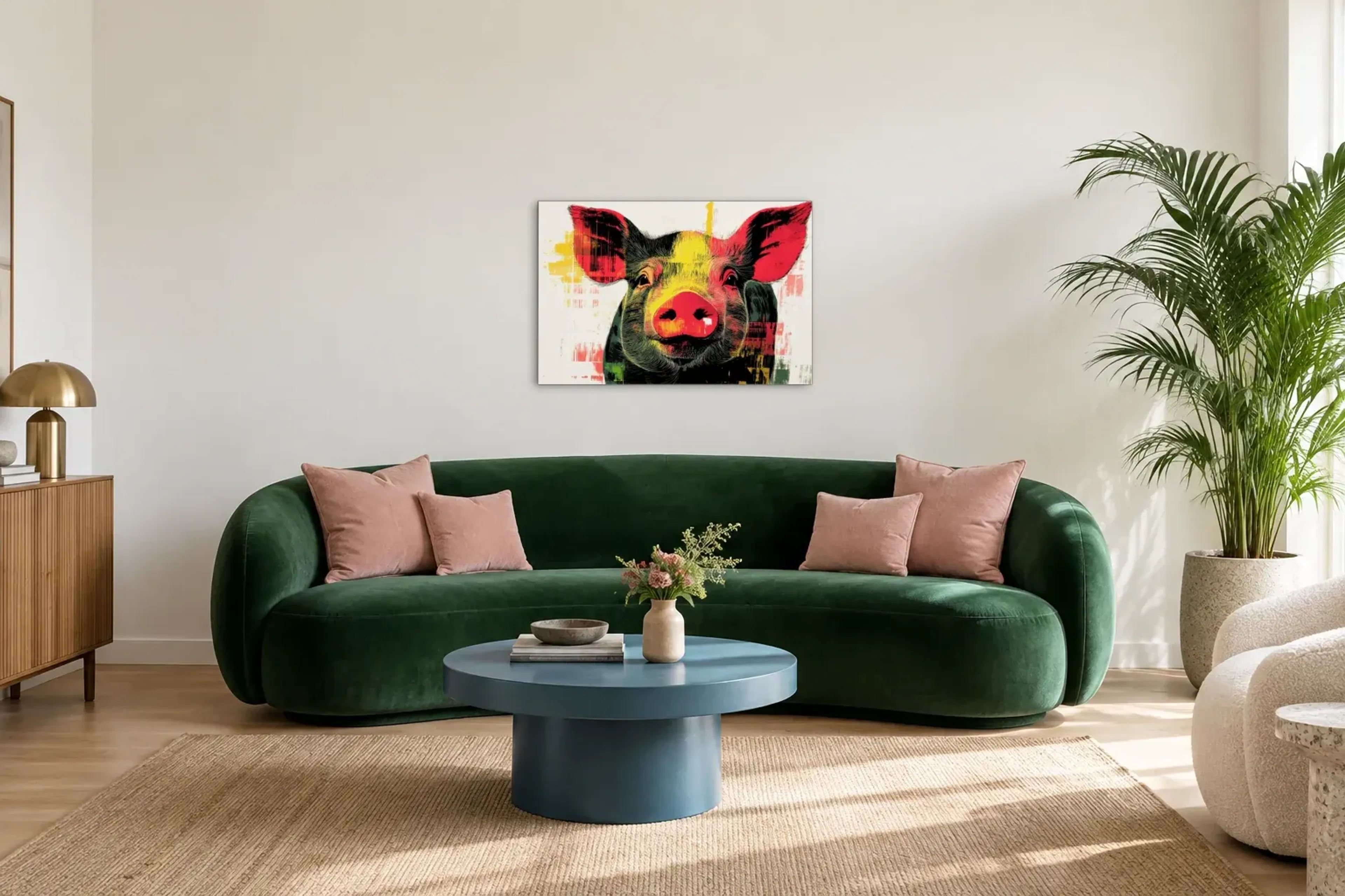 Schwein auf Cremeweiß als Wandbild über einem 220-cm-Sofa