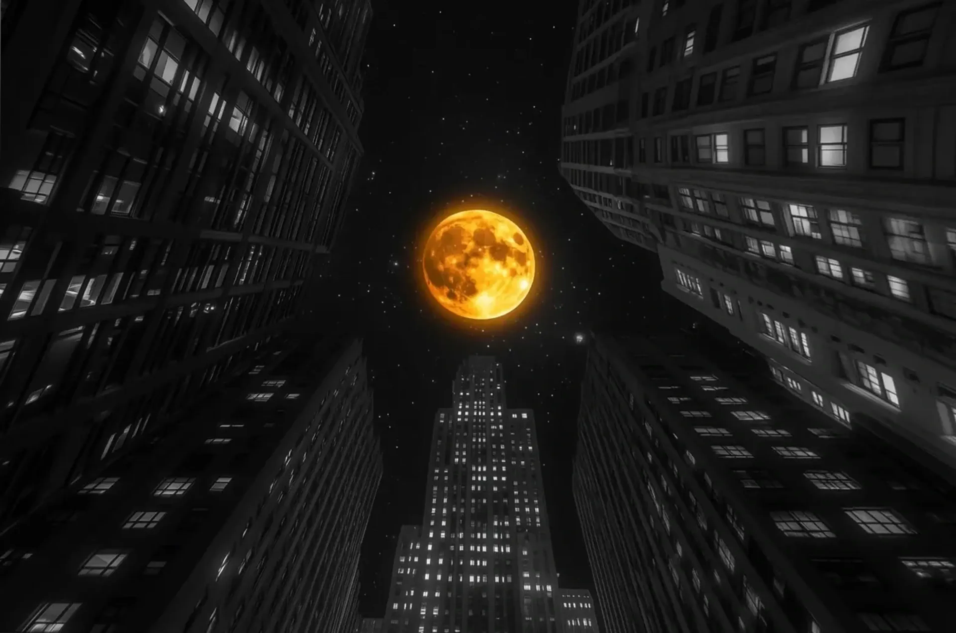 Ein orangegoldener Vollmond leuchtet am Nachthimmel zwischen aufragenden dunklen Hochhäusern.