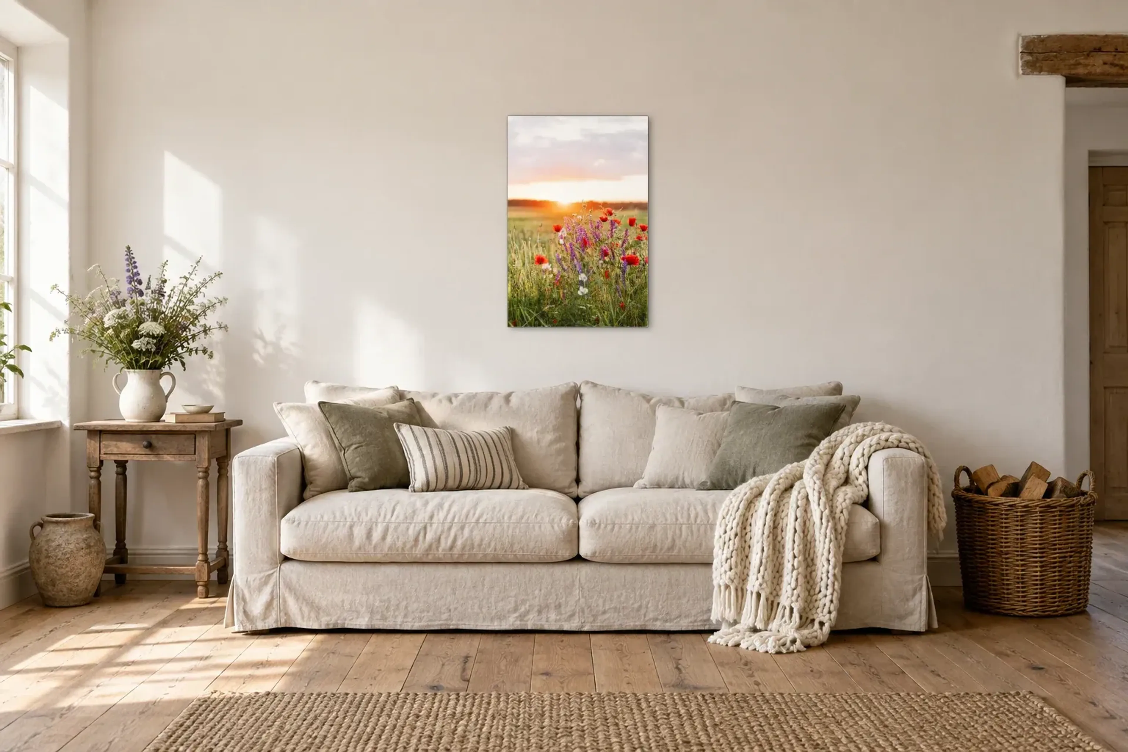 Blumenwiese im Sonnenuntergang als Wandbild über einem 220-cm-Sofa