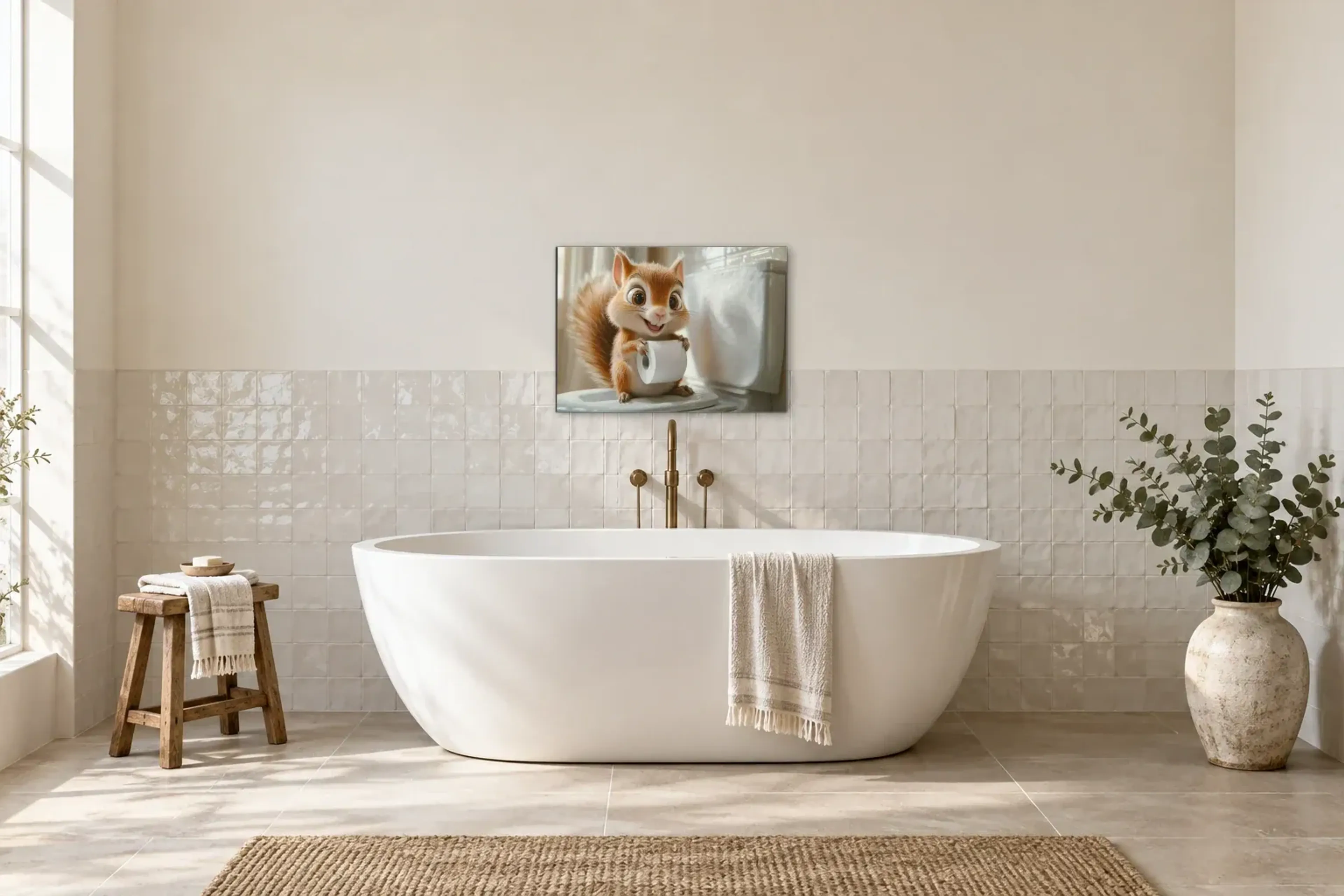 Eichhörnchen im hellen Bad als Wandbild über einer 170-cm-Badewanne
