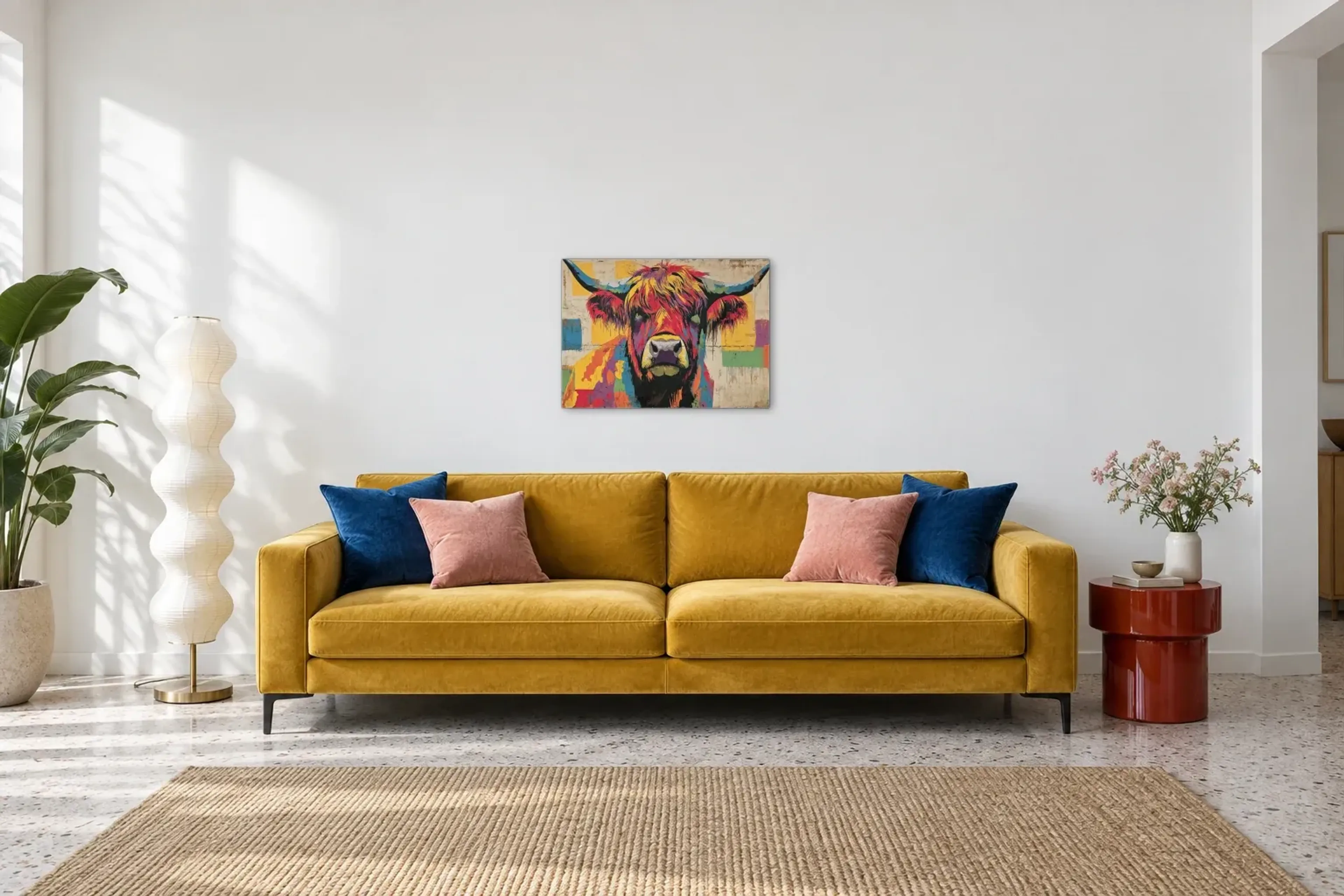 Hochlandrind in Farbexplosion als Wandbild über einem 220-cm-Sofa