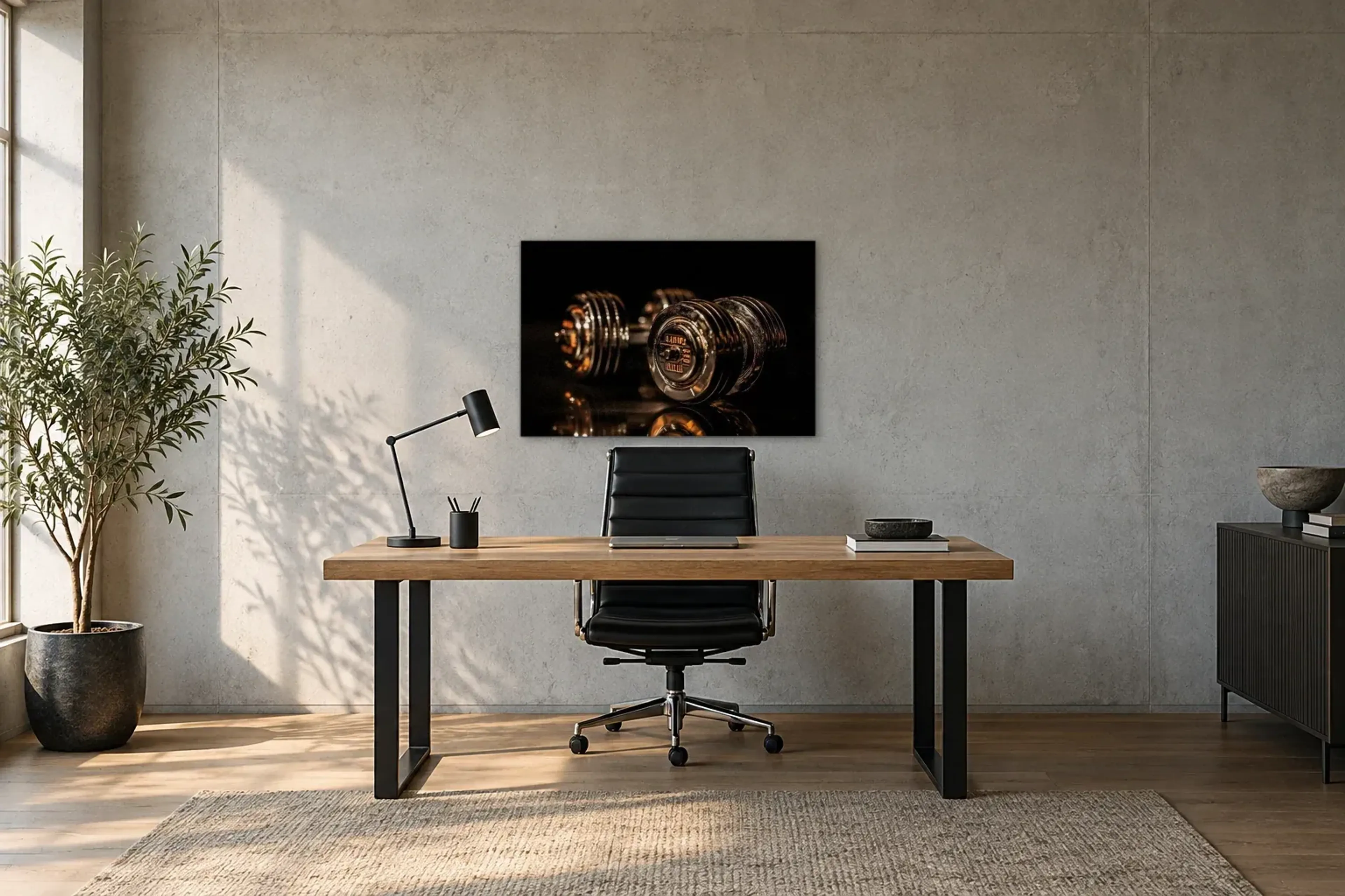 Hanteln im Licht als Wandbild über einem 160-cm-Schreibtisch