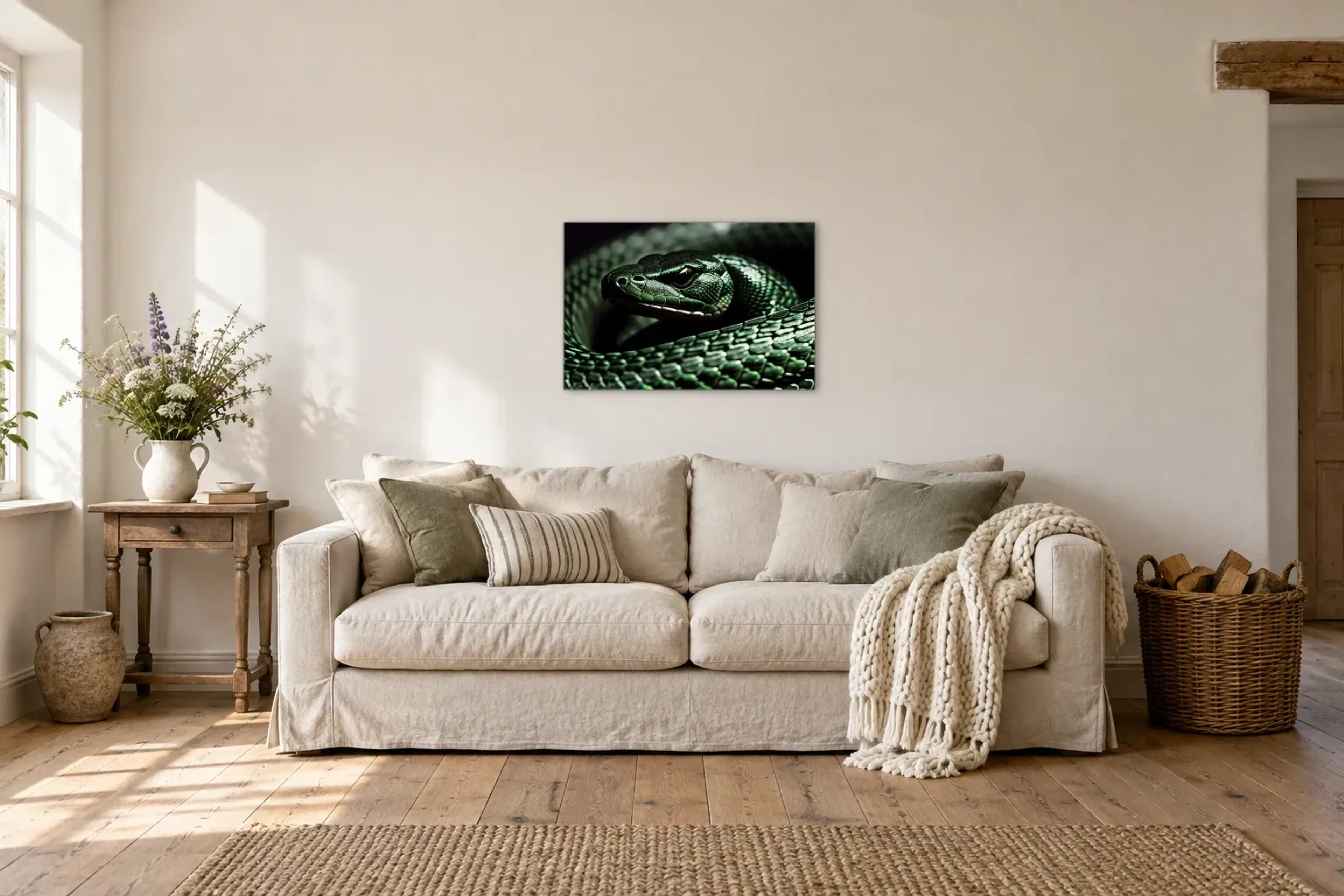 Edle grüne Schlange als Wandbild über einem 220-cm-Sofa
