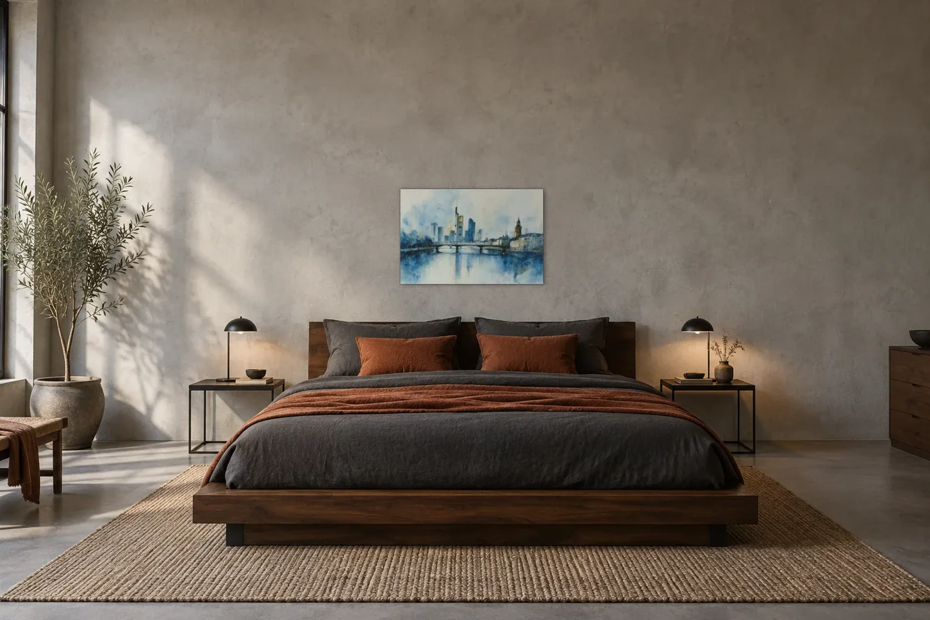 Frankfurts Brücke in Blau als Wandbild über einem 180-cm-Bett