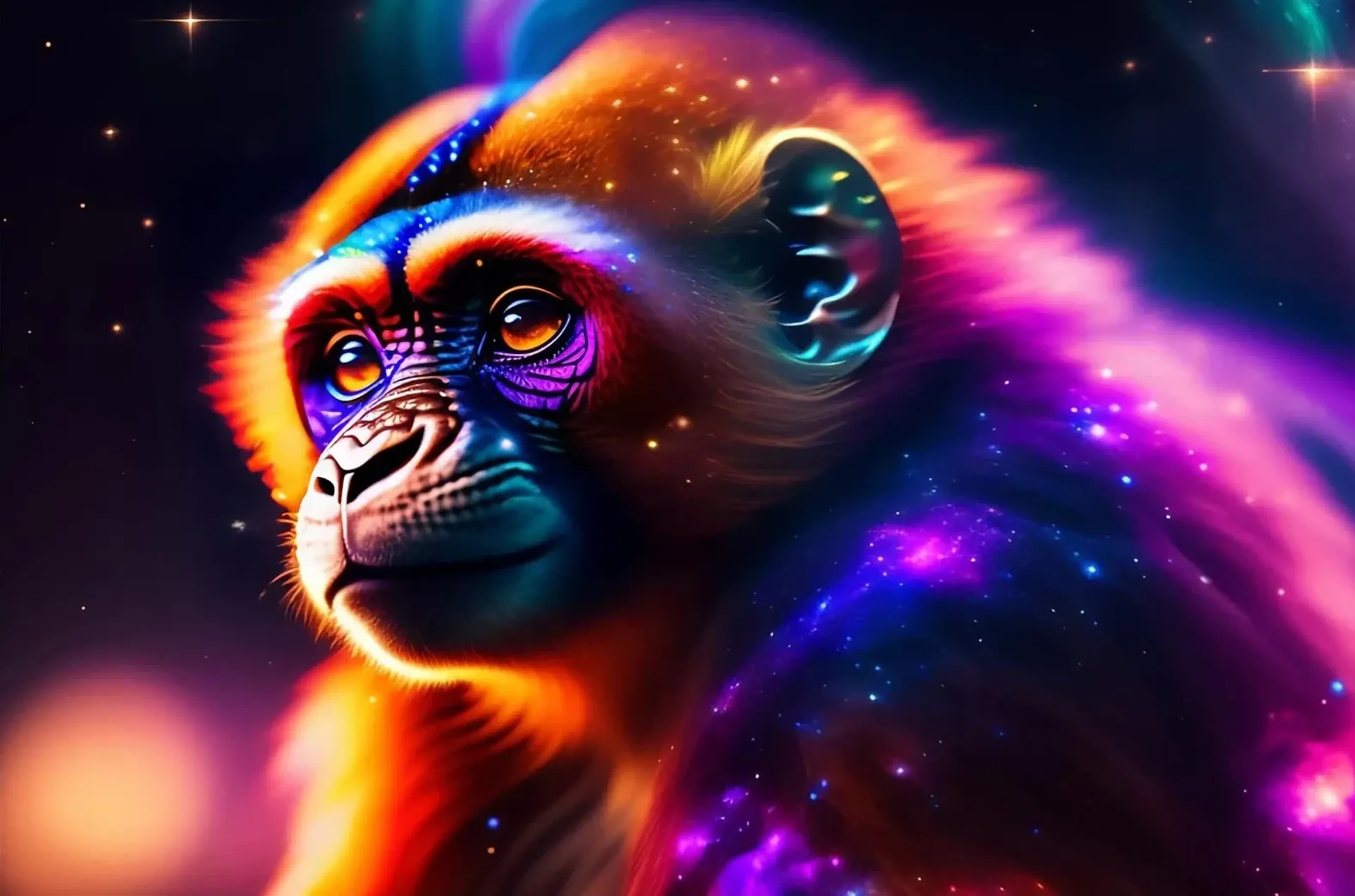 Ein Affe mit großen Augen und orange, pink und blau leuchtendem Fell vor einem dunklen Hintergrund mit Lichtpunkten.