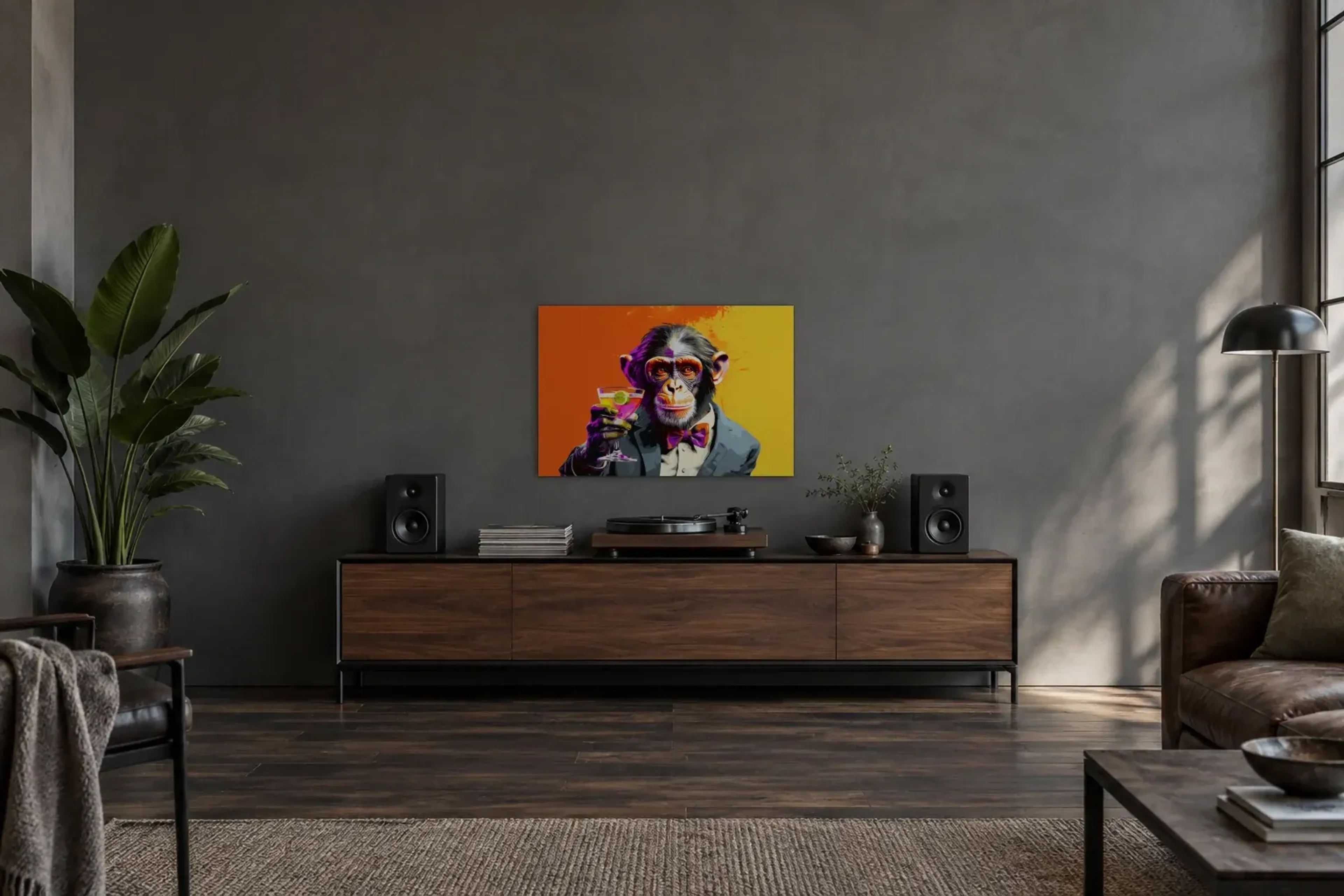 Schimpanse mit Cocktail als Wandbild über einem 200-cm-Sideboard