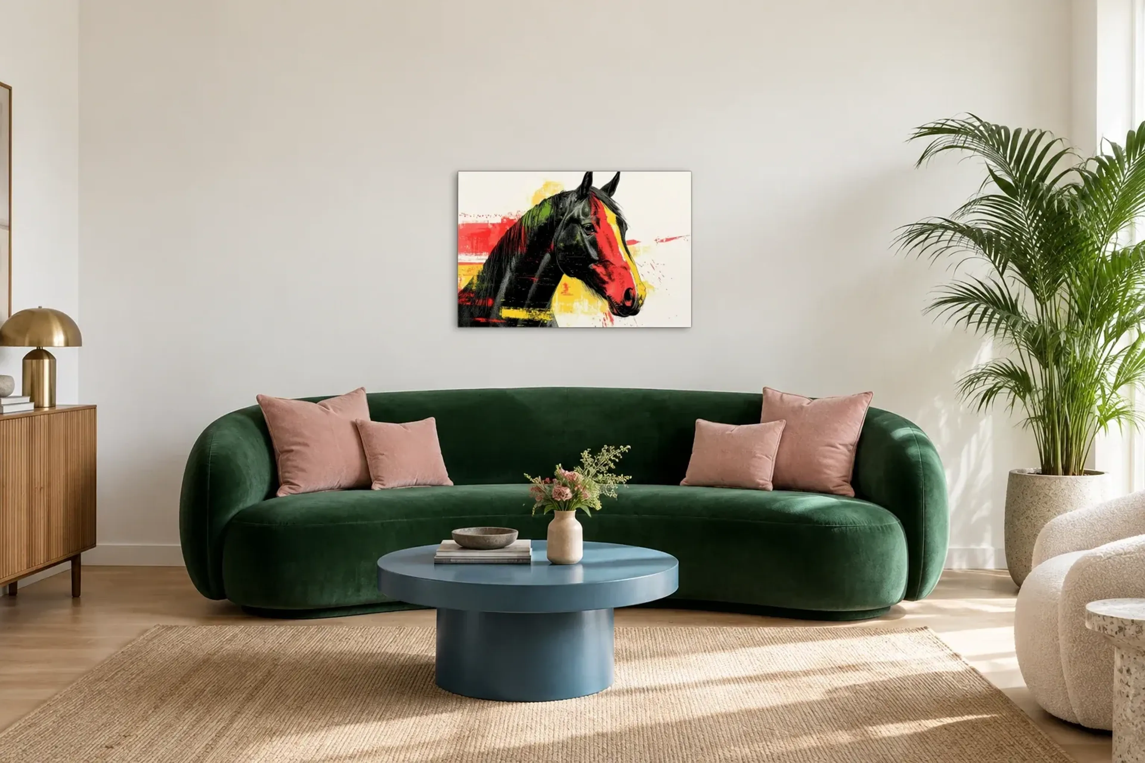 Pferd mit roter Stirn als Wandbild über einem 220-cm-Sofa