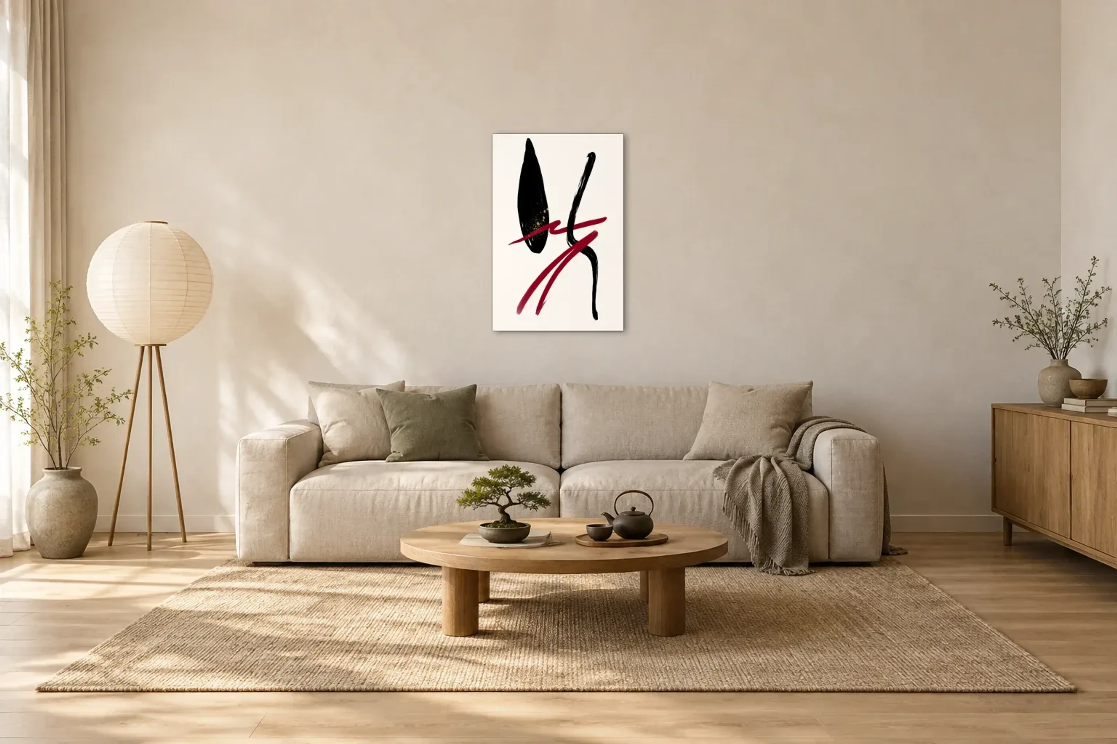 Schwünge in Schwarz und Rot als Wandbild über einem 220-cm-Sofa