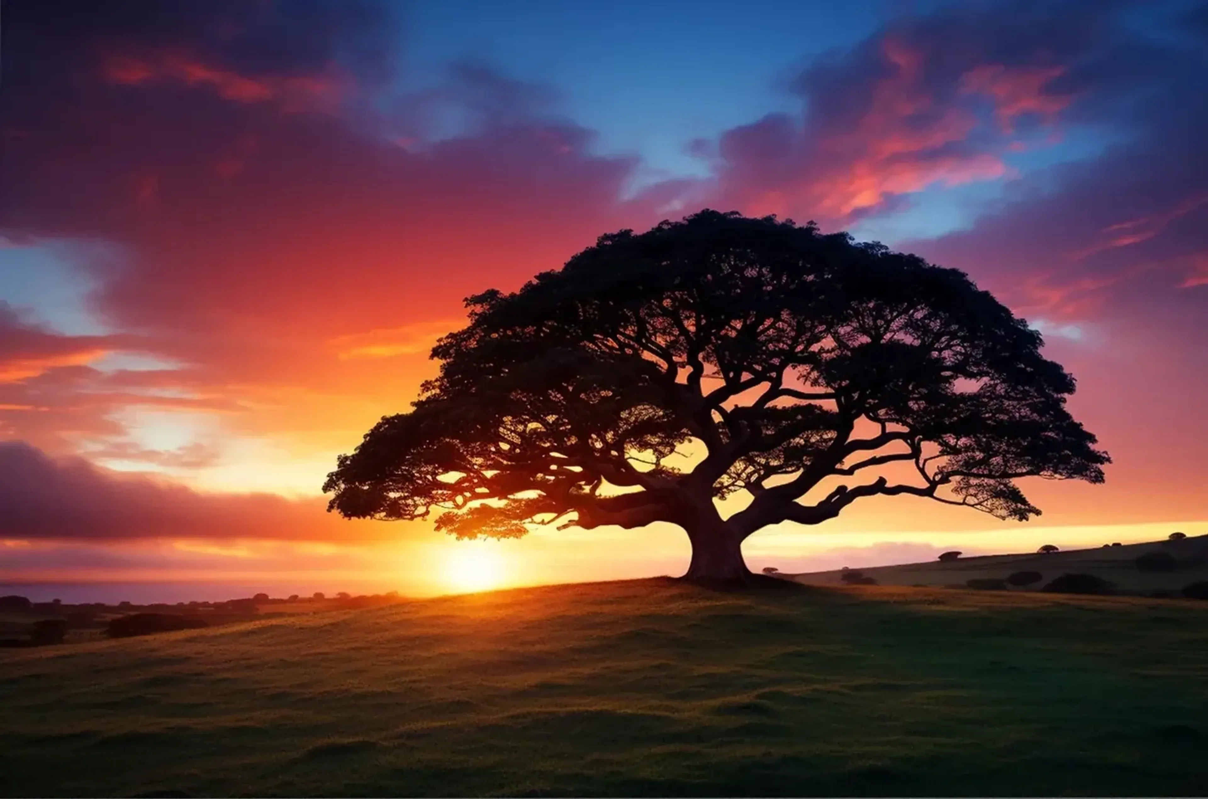 Ein Baum mit breiter Krone steht als dunkle Silhouette auf einer Wiese vor einem orange und rosa leuchtenden Himmel.