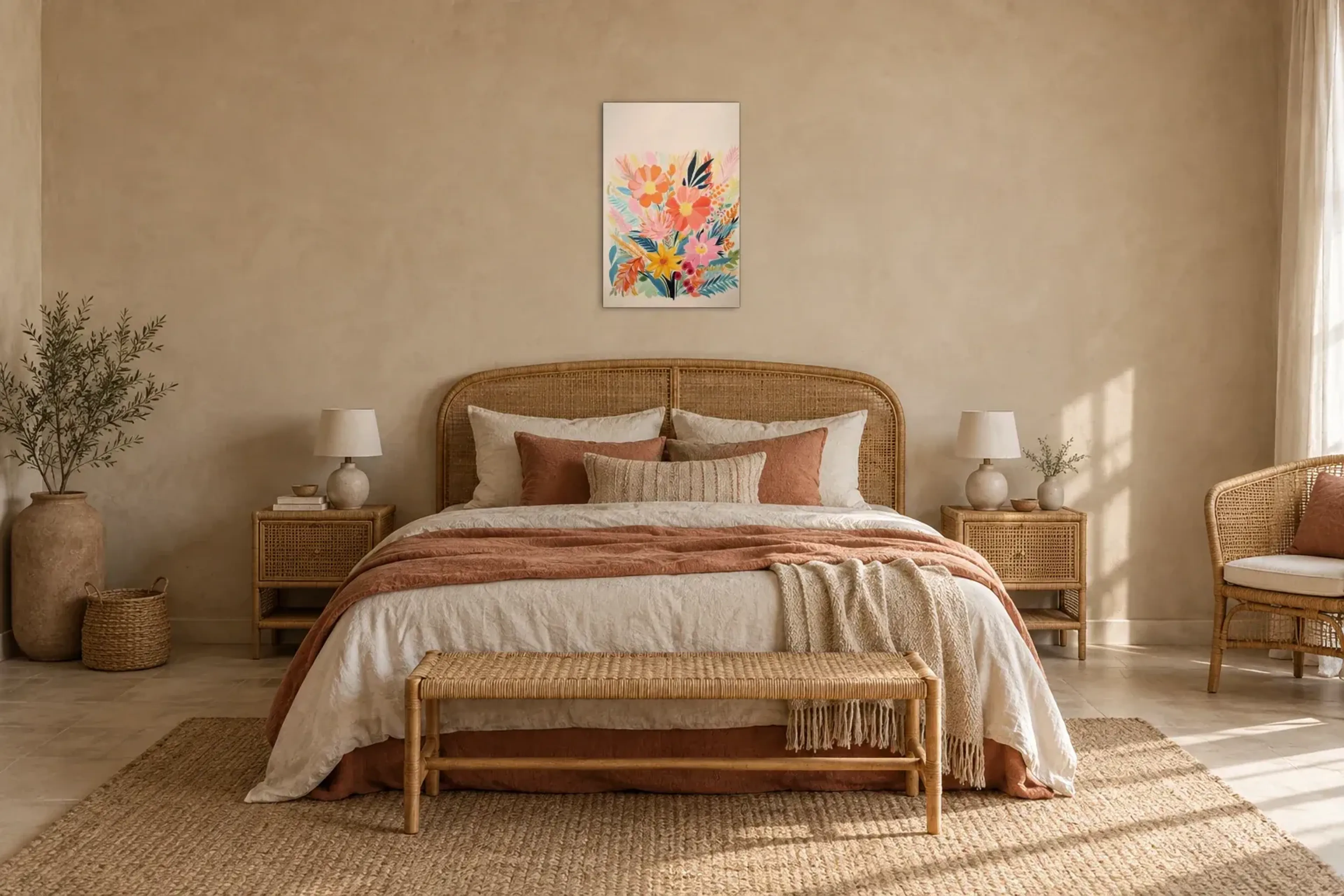 Blüten in Sommerfarben als Wandbild über einem 180-cm-Bett
