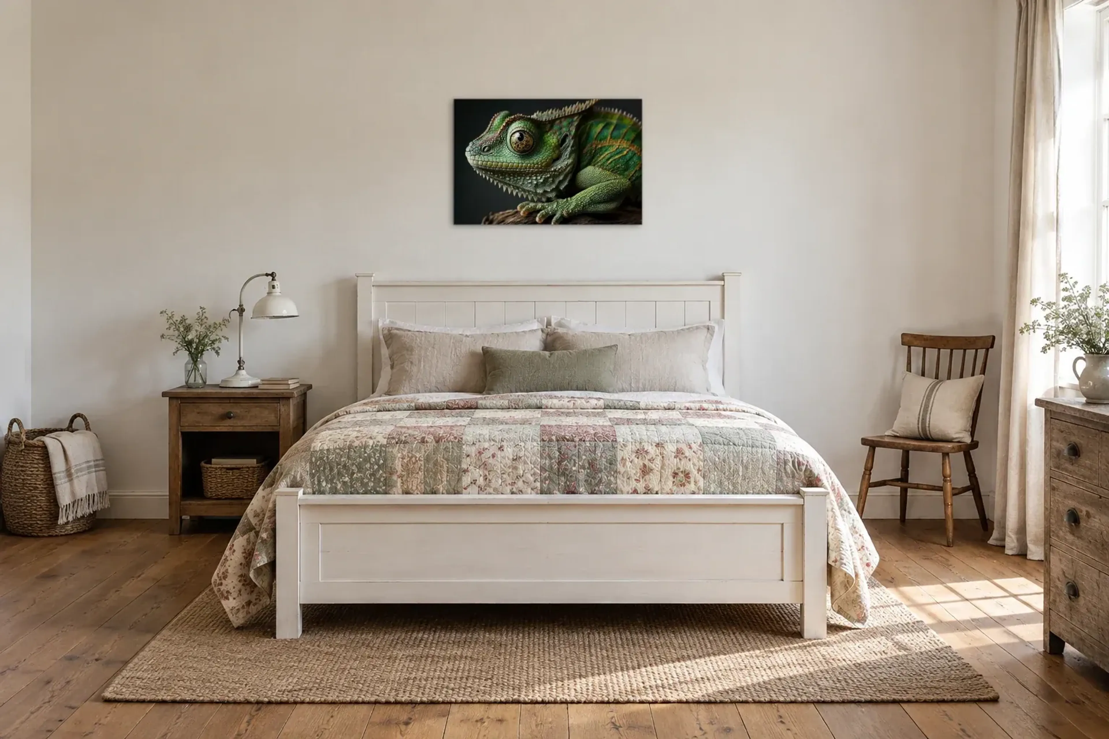 Grüne Echse auf Holz als Wandbild über einem 160-cm-Bett