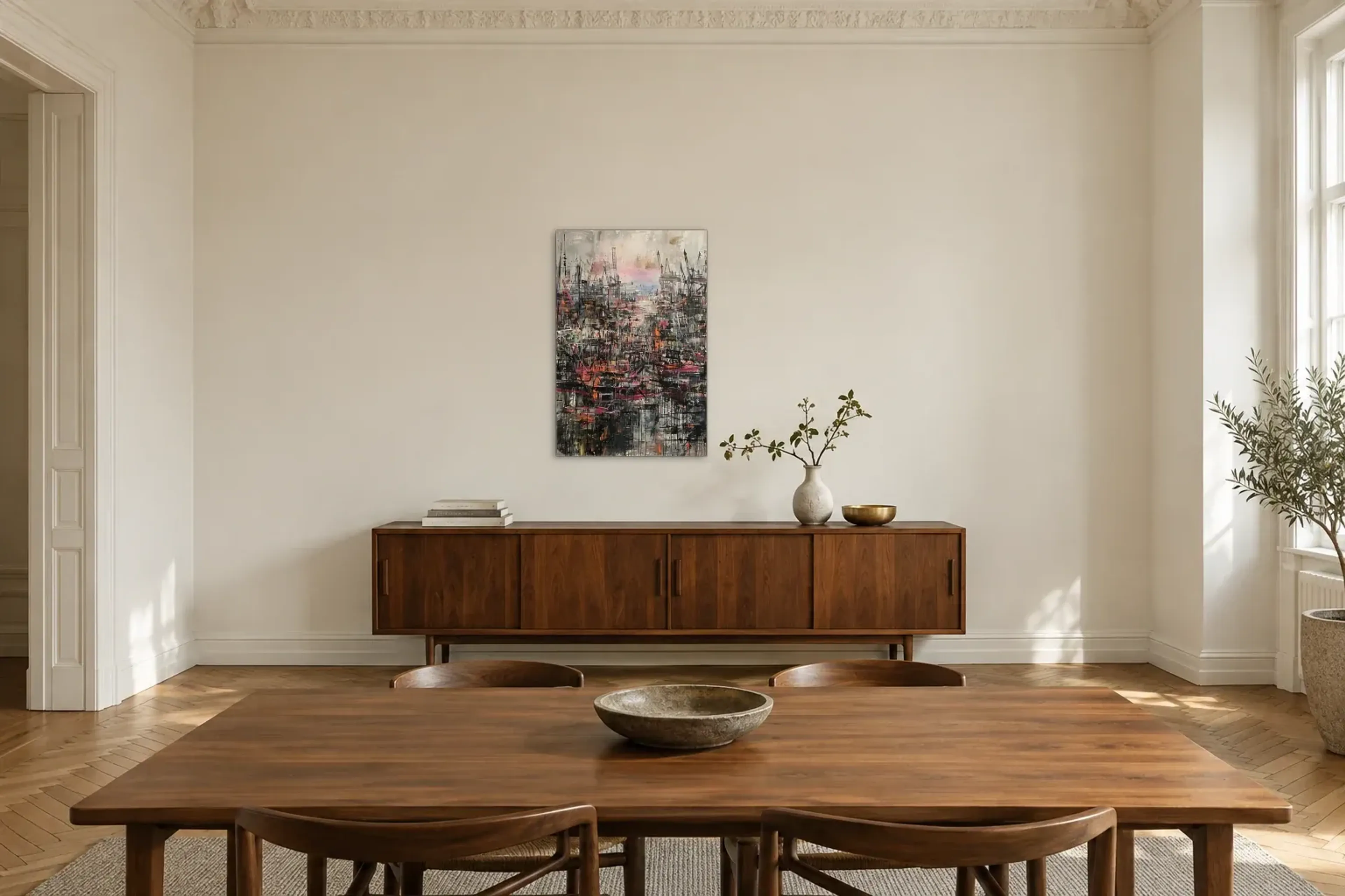 Hafen aus Linien als Wandbild über einem 200-cm-Sideboard