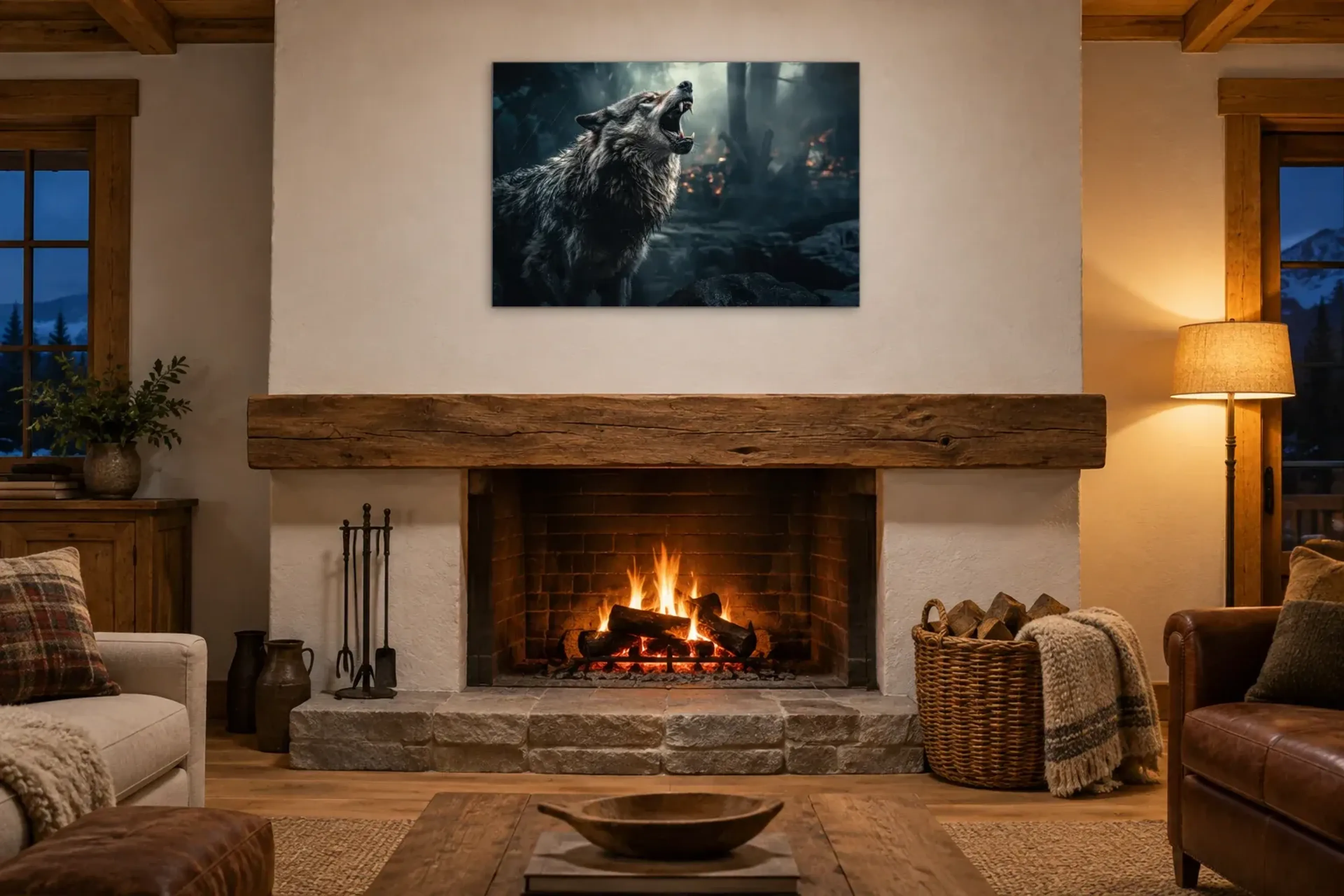Wolf im Regen als Wandbild über einem 180-cm-Kaminsims