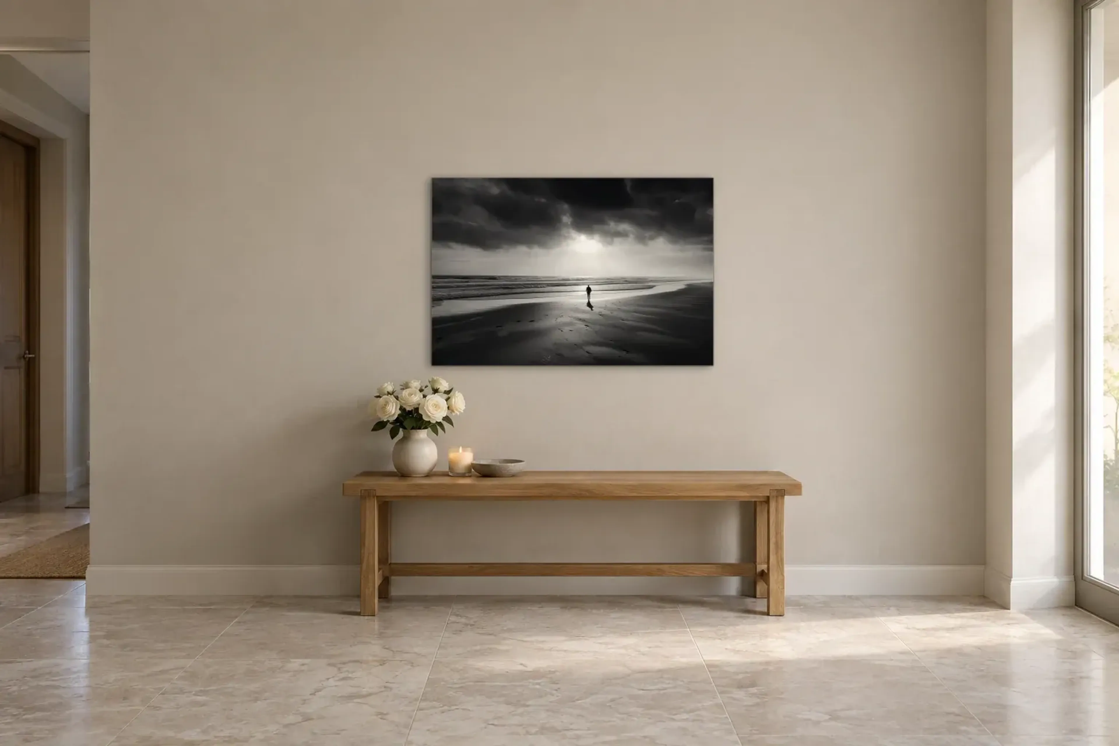 Strand in Schwarz-Weiß als Wandbild über einer 120-cm-Bank